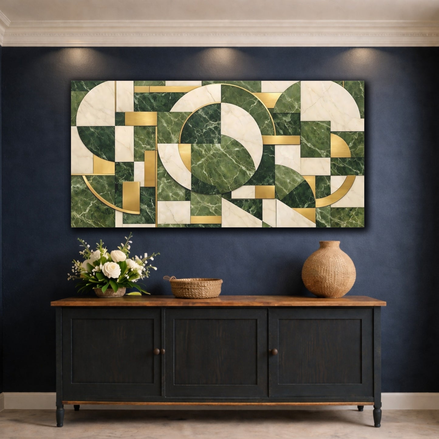Mockup 4. Abstract Geometric Pattern Green Gold Marble shown as stretched canvas wall art