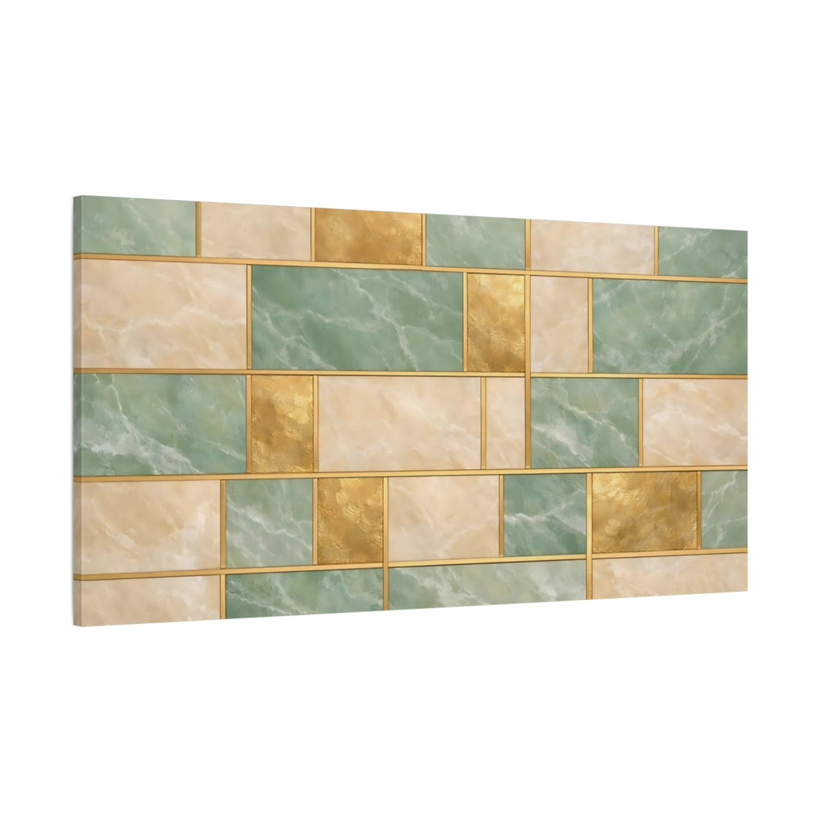 Main Mockup. Abstract Geometric Pattern Green Gold Pattern shown as stretched canvas wall art
