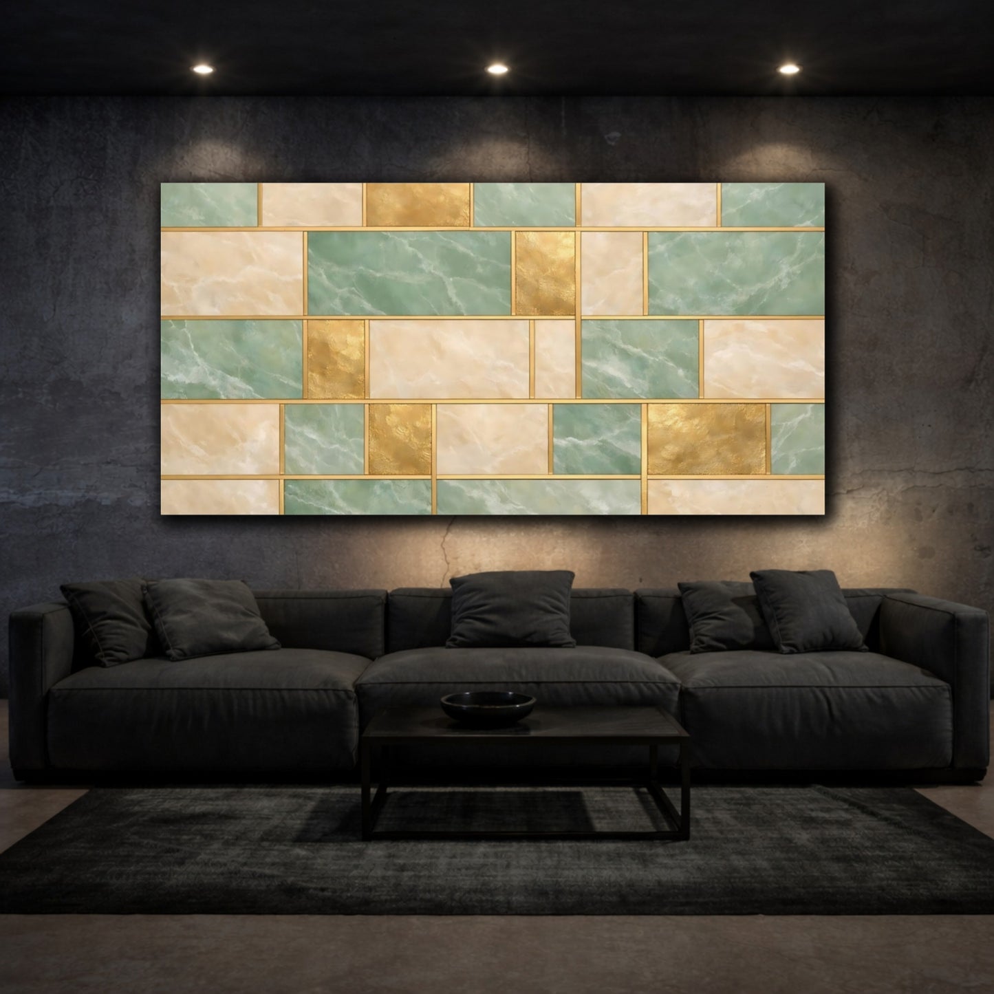 Mockup 2. Abstract Geometric Pattern Green Gold Pattern shown as stretched canvas wall art