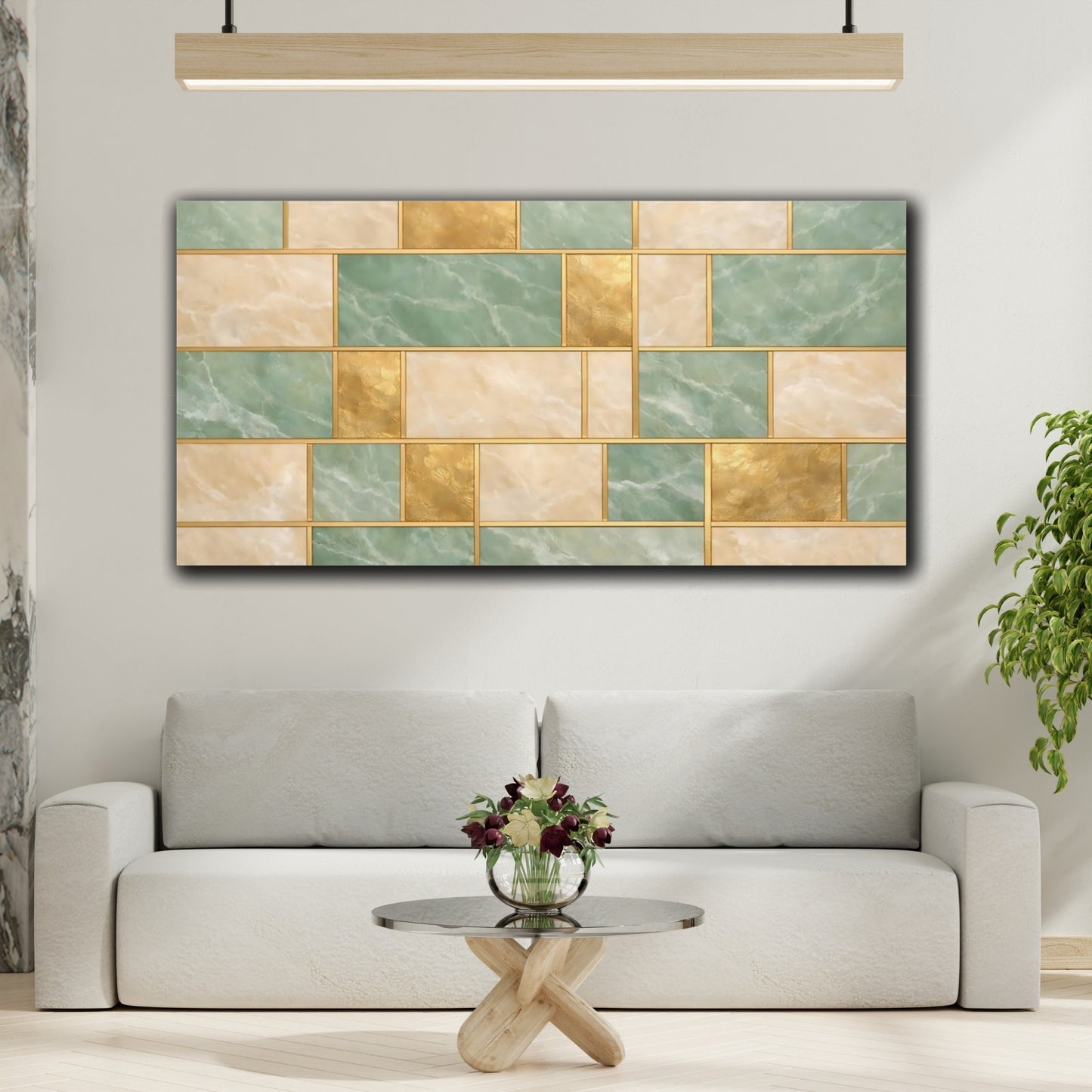 Mockup 3. Abstract Geometric Pattern Green Gold Pattern shown as stretched canvas wall art