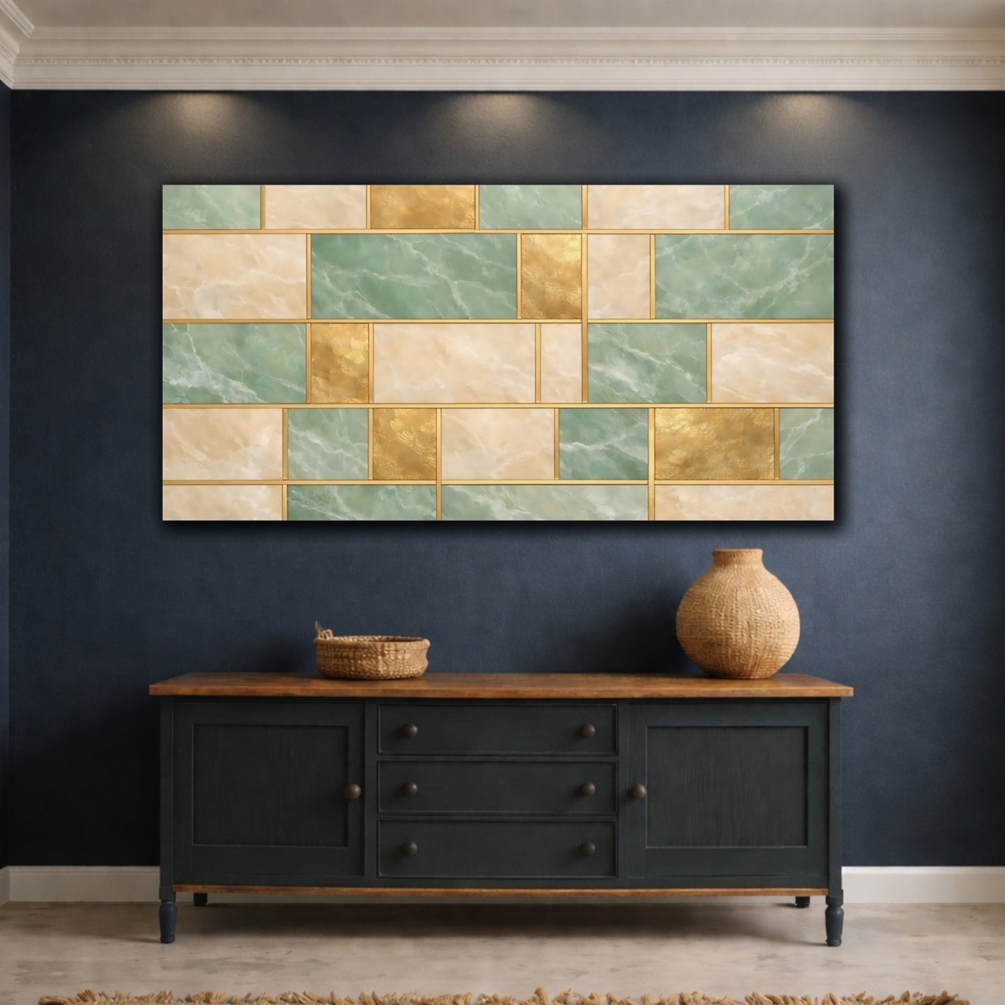 Mockup 4. Abstract Geometric Pattern Green Gold Pattern shown as stretched canvas wall art