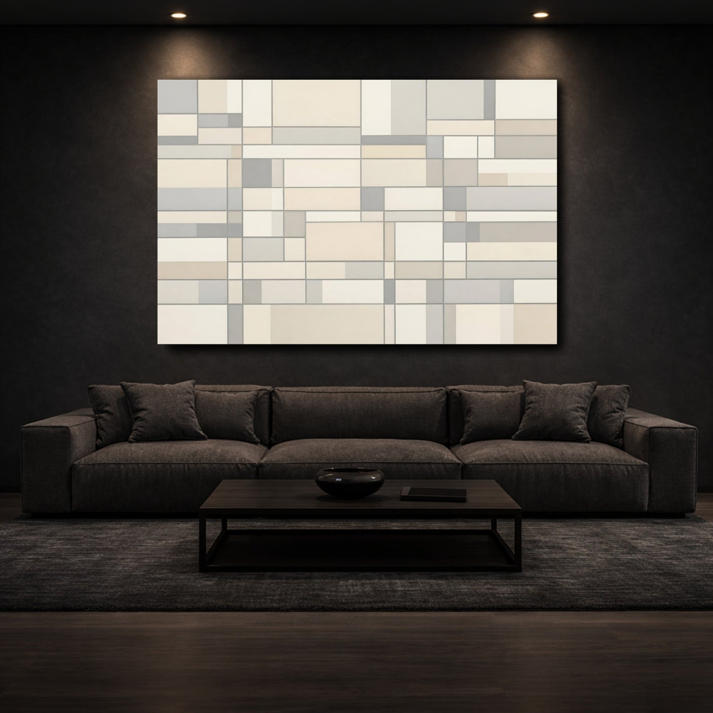 Mockup 2. Abstract Geometric Pattern Grey Cream Geometric shown as stretched canvas wall art