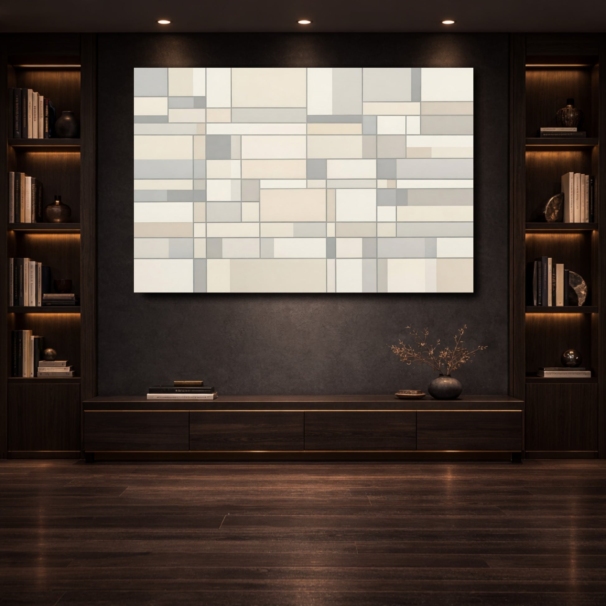 Mockup 3. Abstract Geometric Pattern Grey Cream Geometric shown as stretched canvas wall art