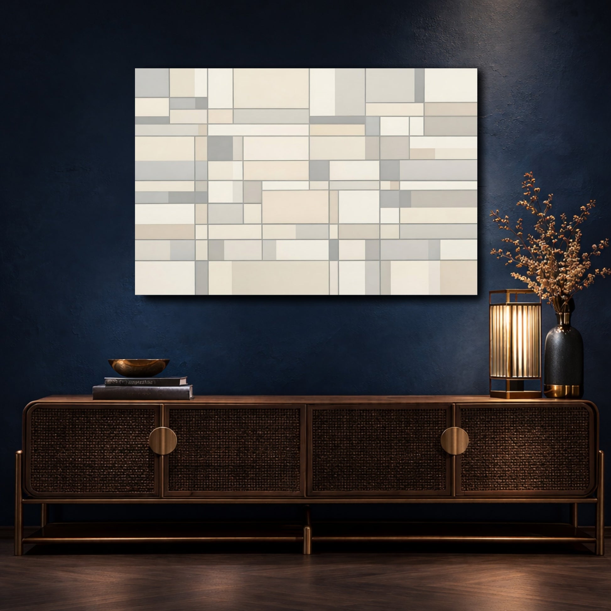 Mockup 4. Abstract Geometric Pattern Grey Cream Geometric shown as stretched canvas wall art