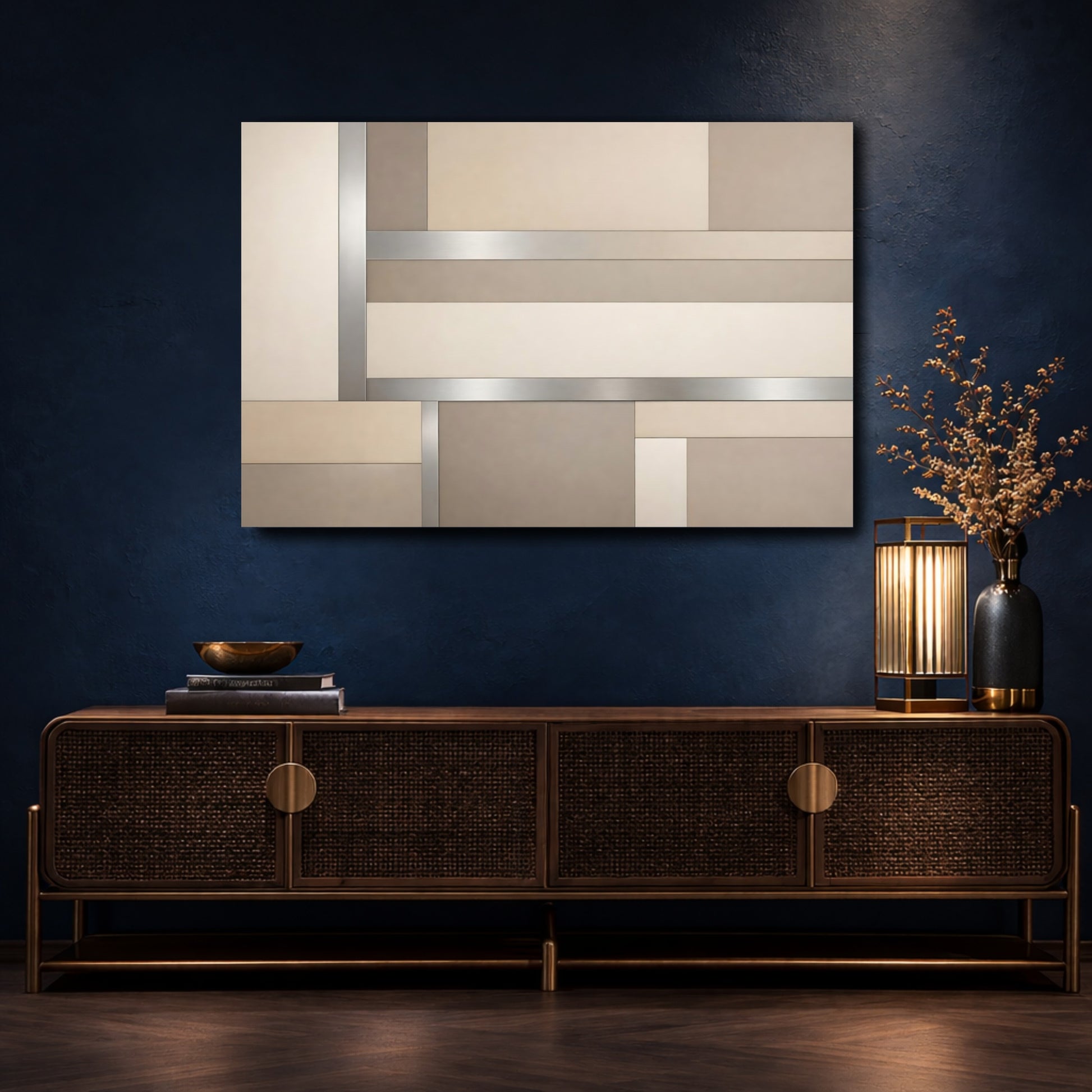 Mockup 4. Abstract Geometric Pattern Neutral Geometric shown as stretched canvas wall art