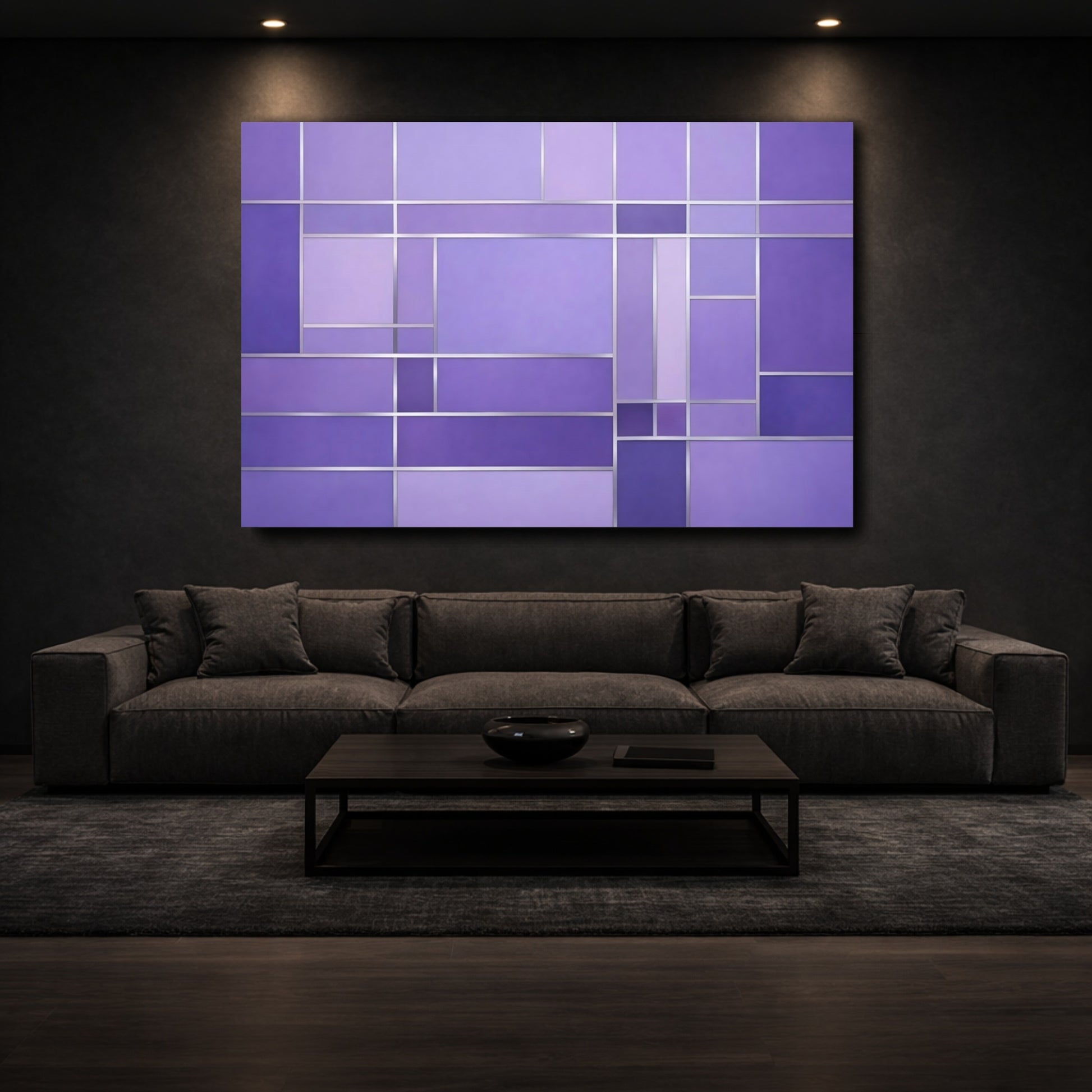 Mockup 2. Abstract Geometric Pattern Purple Geometric shown as stretched canvas wall art