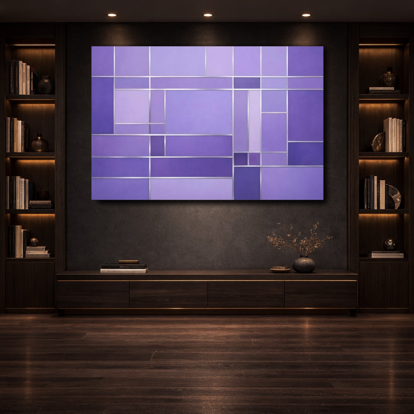Mockup 3. Abstract Geometric Pattern Purple Geometric shown as stretched canvas wall art