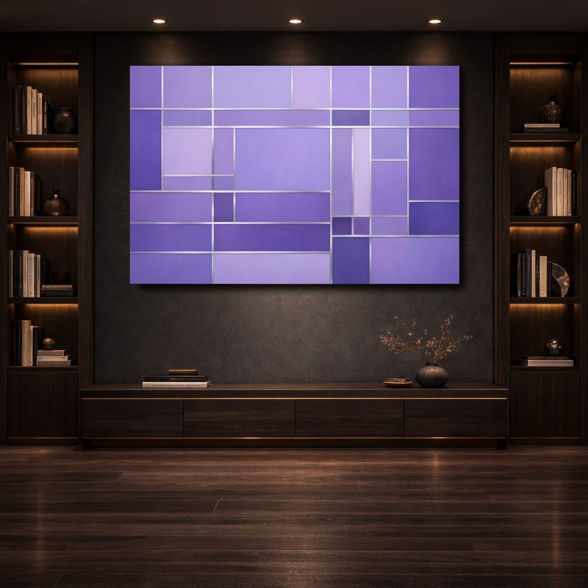 Mockup 3. Abstract Geometric Pattern Purple Geometric shown as stretched canvas wall art