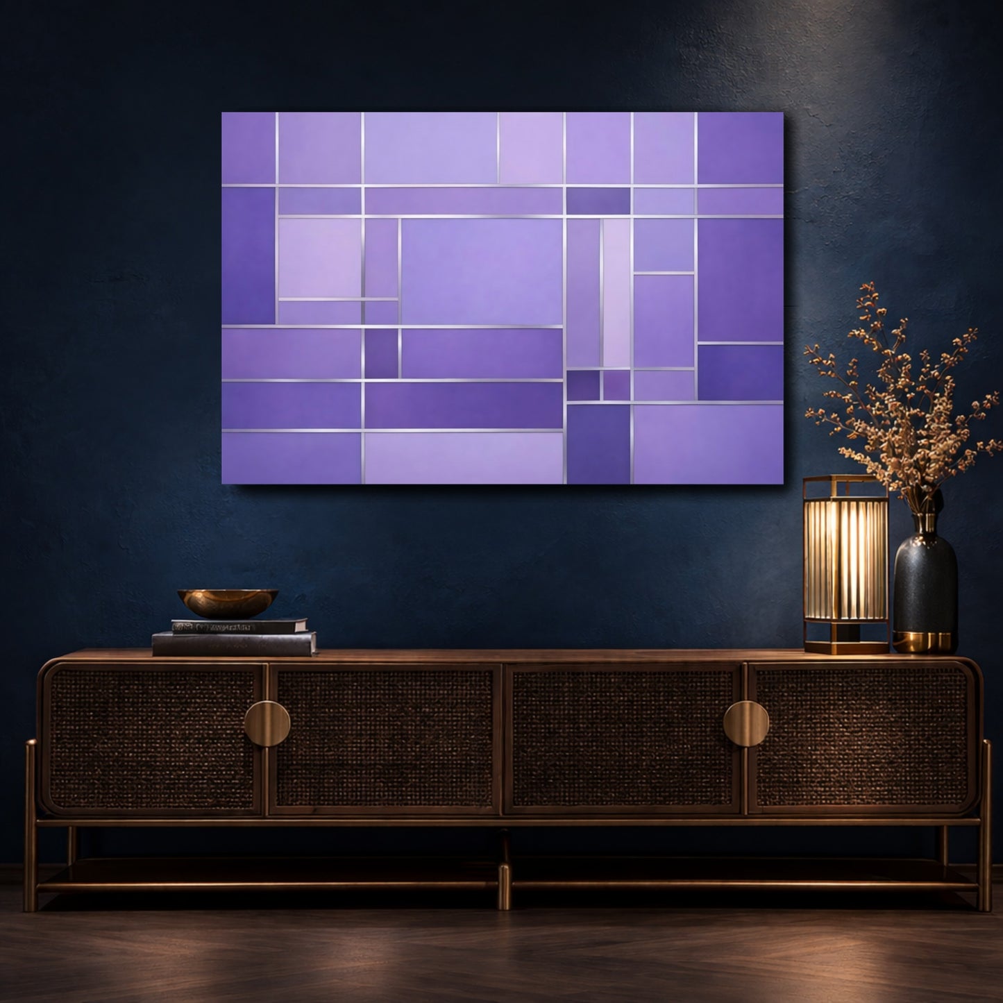 Mockup 4. Abstract Geometric Pattern Purple Geometric shown as stretched canvas wall art