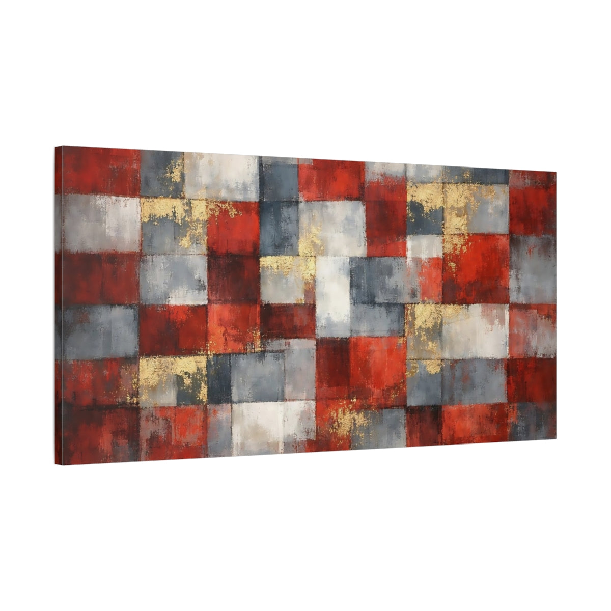 Side Mockup 1. Abstract Geometric Pattern Red Grey Gold shown as stretched canvas wall art