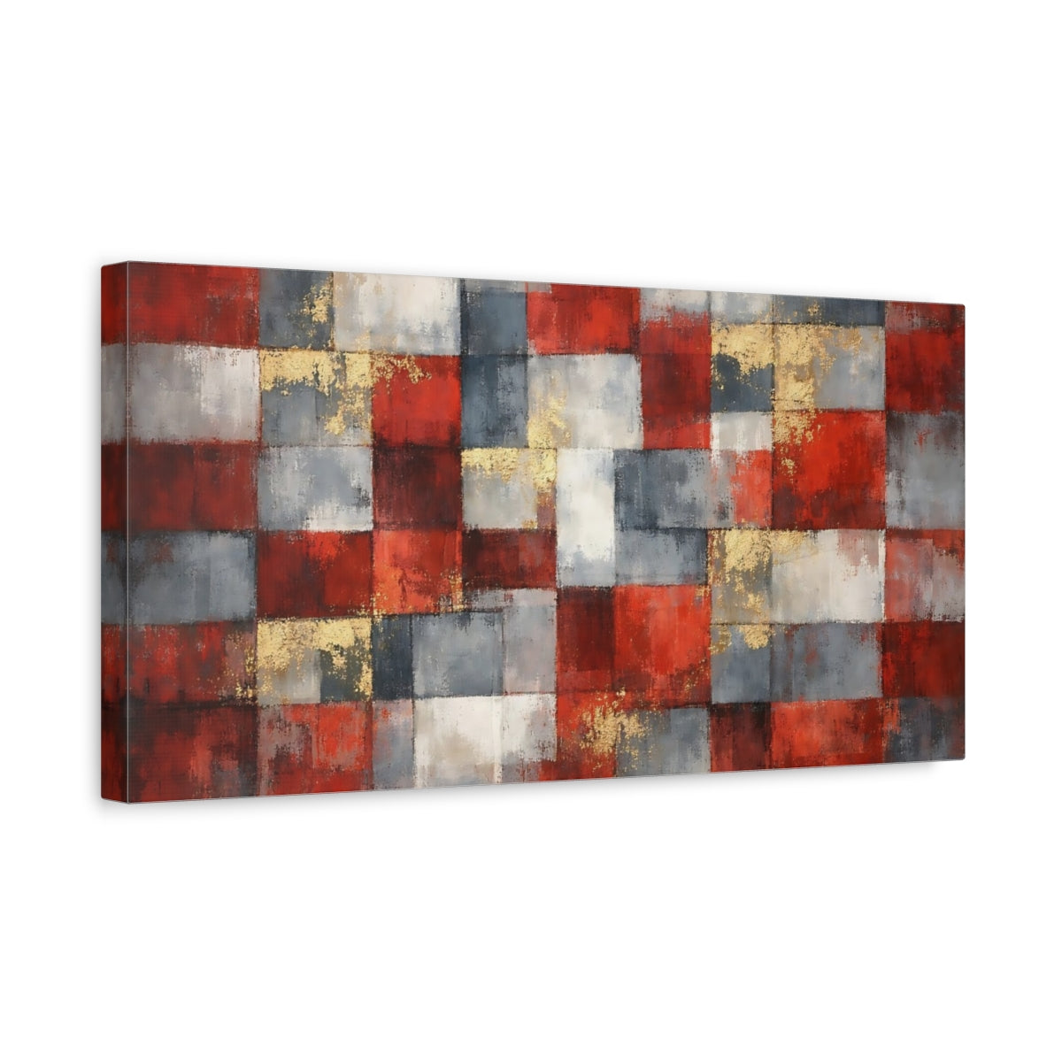 Side Mockup 3. Abstract Geometric Pattern Red Grey Gold shown as stretched canvas wall art