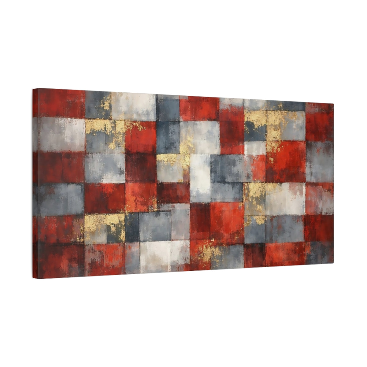 Side Mockup 2. Abstract Geometric Pattern Red Grey Gold shown as stretched canvas wall art