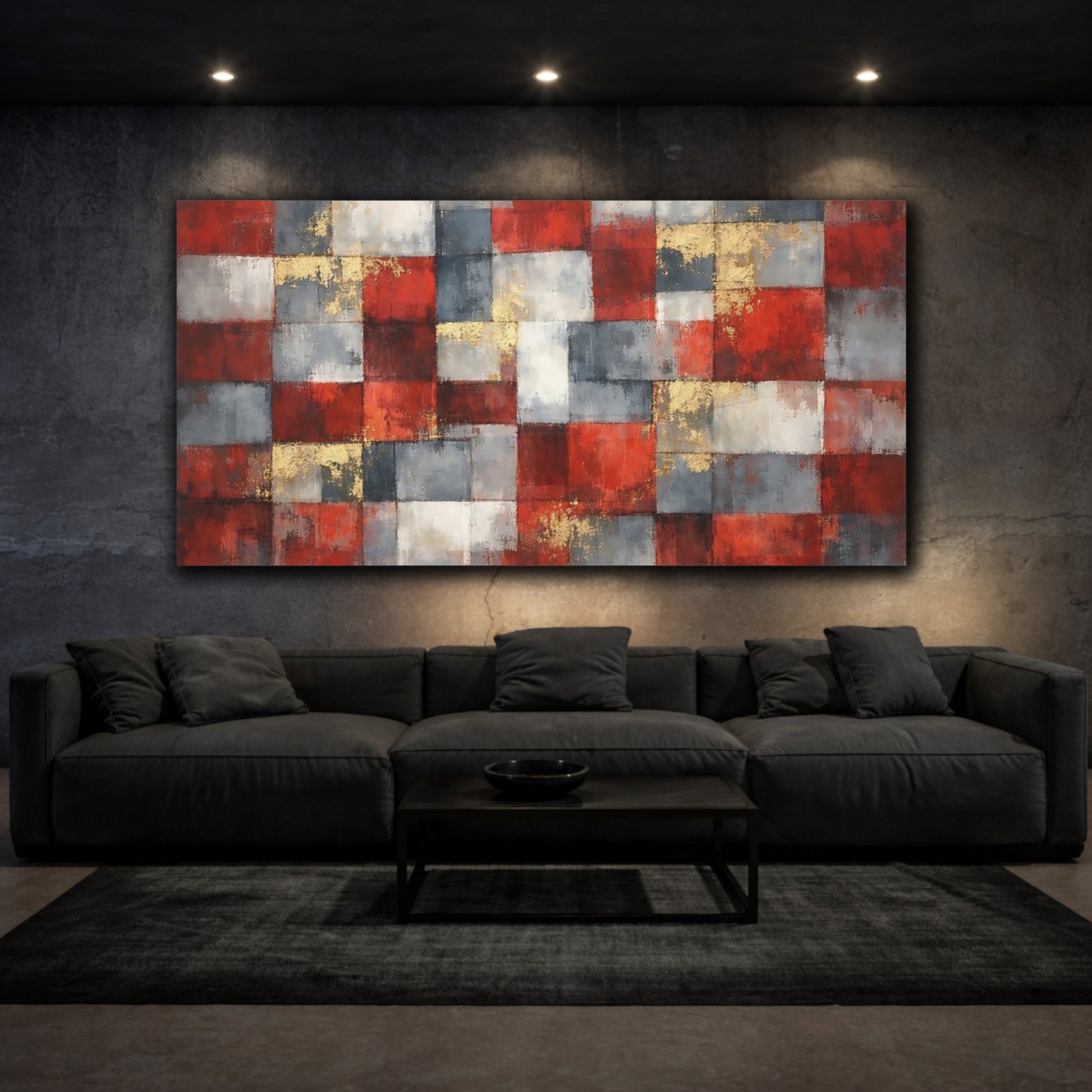 Mockup 2. Abstract Geometric Pattern Red Grey Gold shown as stretched canvas wall art