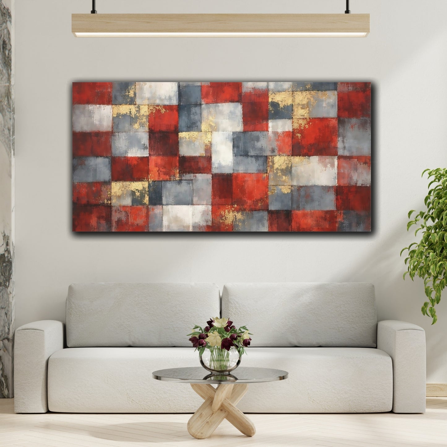Mockup 3. Abstract Geometric Pattern Red Grey Gold shown as stretched canvas wall art