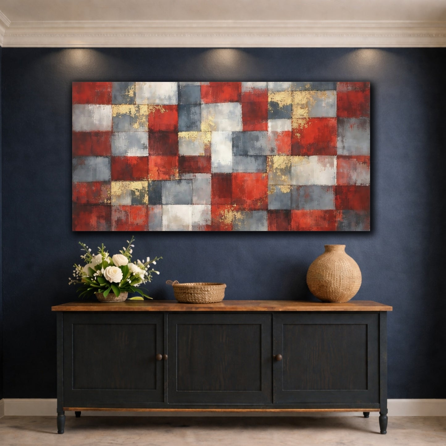 Mockup 4. Abstract Geometric Pattern Red Grey Gold shown as stretched canvas wall art