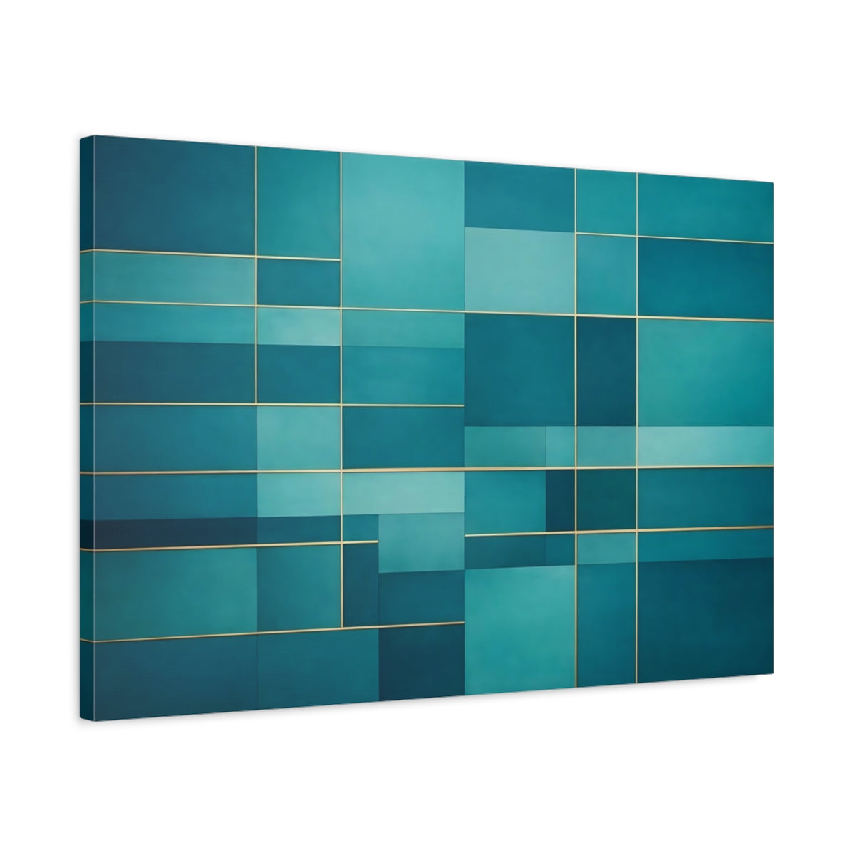 Side Mockup 2. Abstract Geometric Pattern Teal Gold shown as stretched canvas wall art