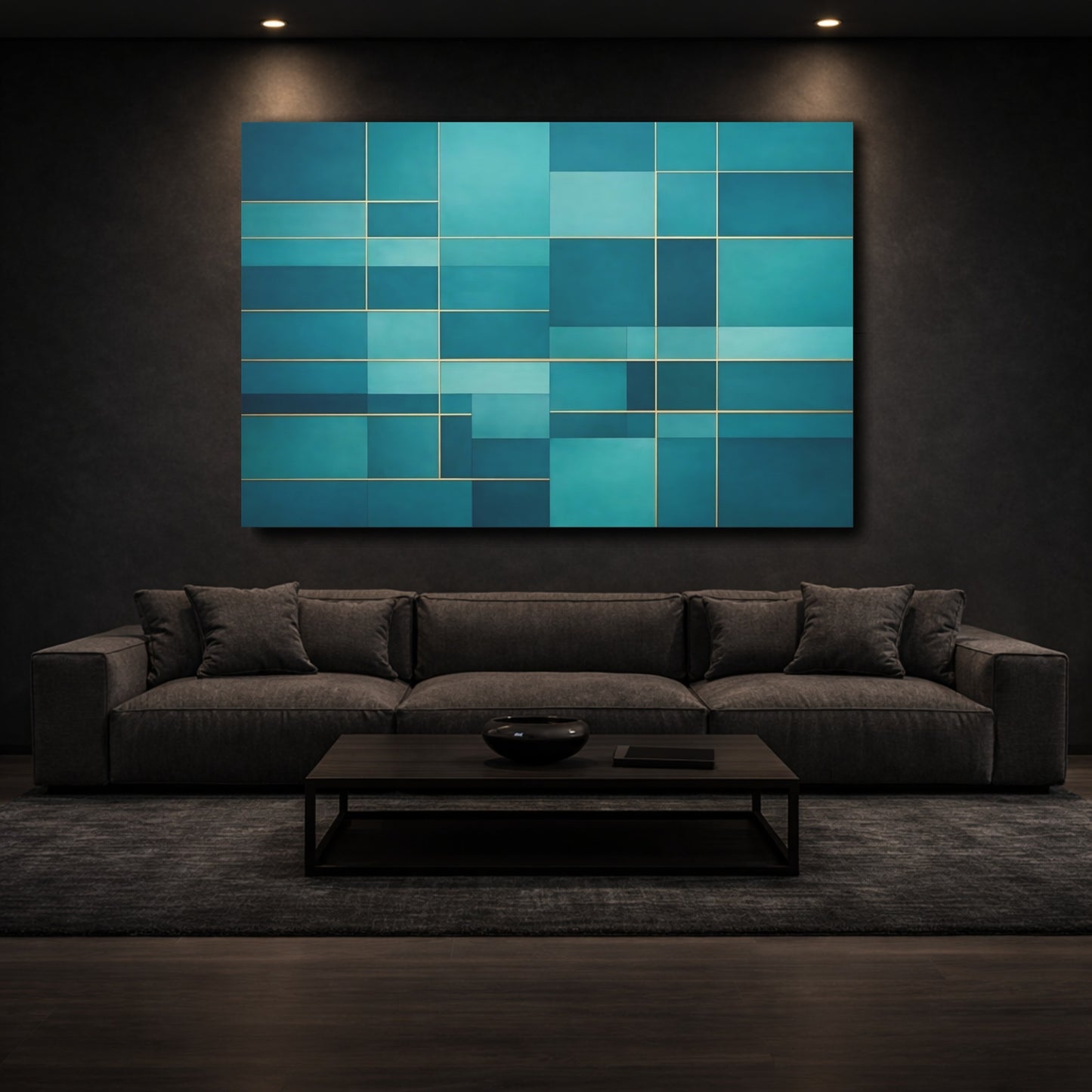 Mockup 2. Abstract Geometric Pattern Teal Gold shown as stretched canvas wall art