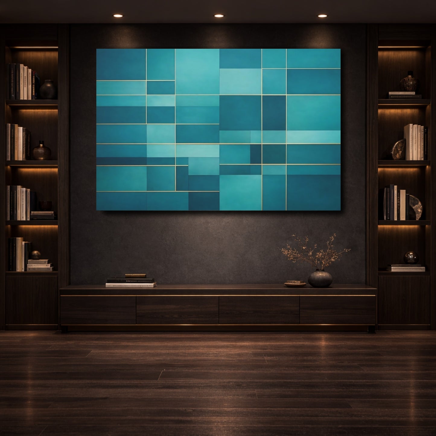 Mockup 3. Abstract Geometric Pattern Teal Gold shown as stretched canvas wall art