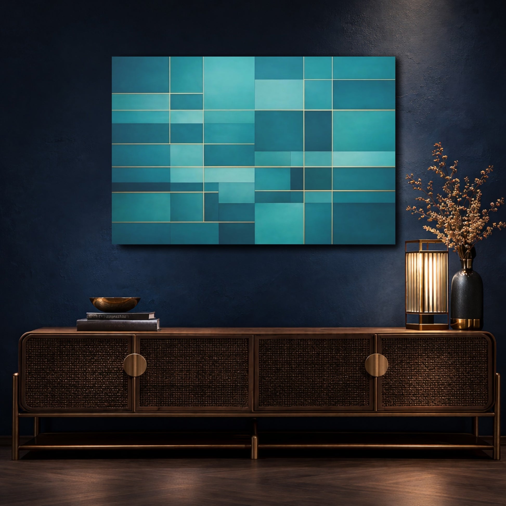 Mockup 4. Abstract Geometric Pattern Teal Gold shown as stretched canvas wall art