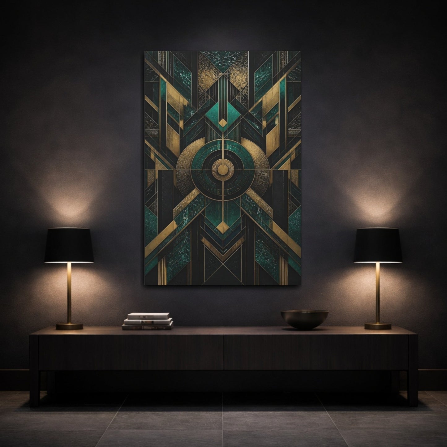 Abstract Geometric Patterns Emerald Green And Canvas Print – Art Deco Decor for Living Room, Above Console Table - YesArtYes