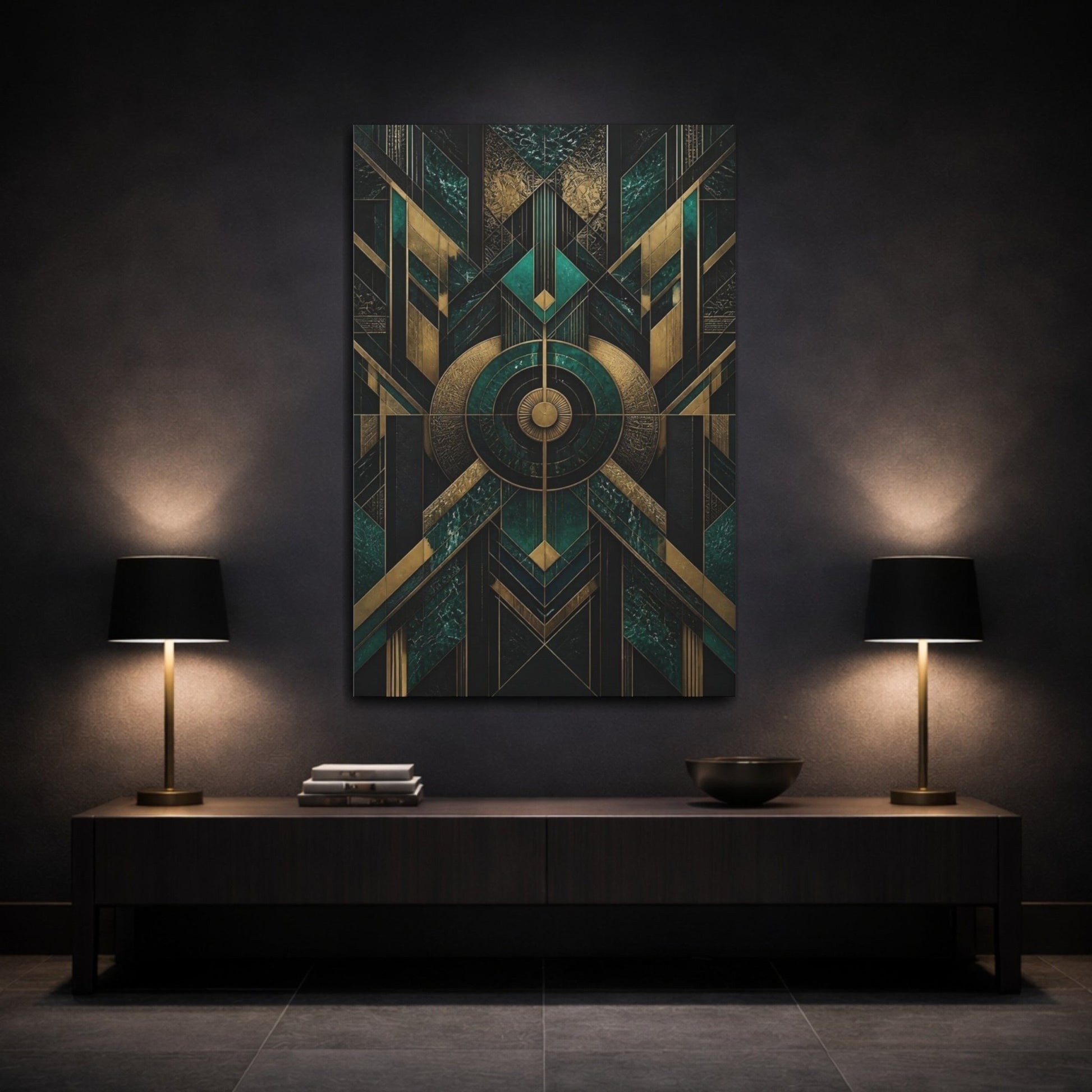 Abstract Geometric Patterns Emerald Green And Canvas Print – Art Deco Decor for Living Room, Above Console Table - YesArtYes