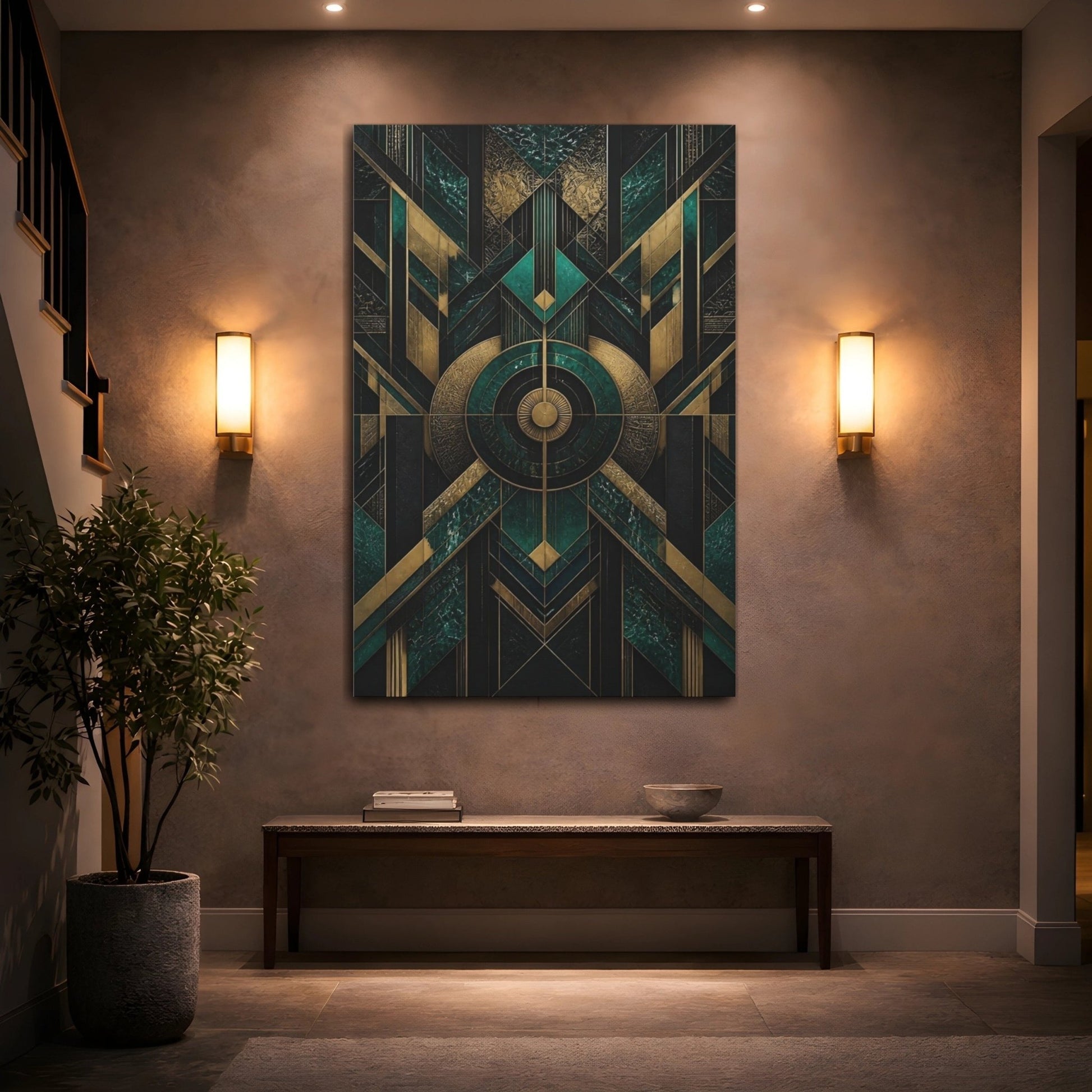 Abstract Geometric Patterns Emerald Green And Canvas Print – Art Deco Decor for Living Room, Above Console Table - YesArtYes