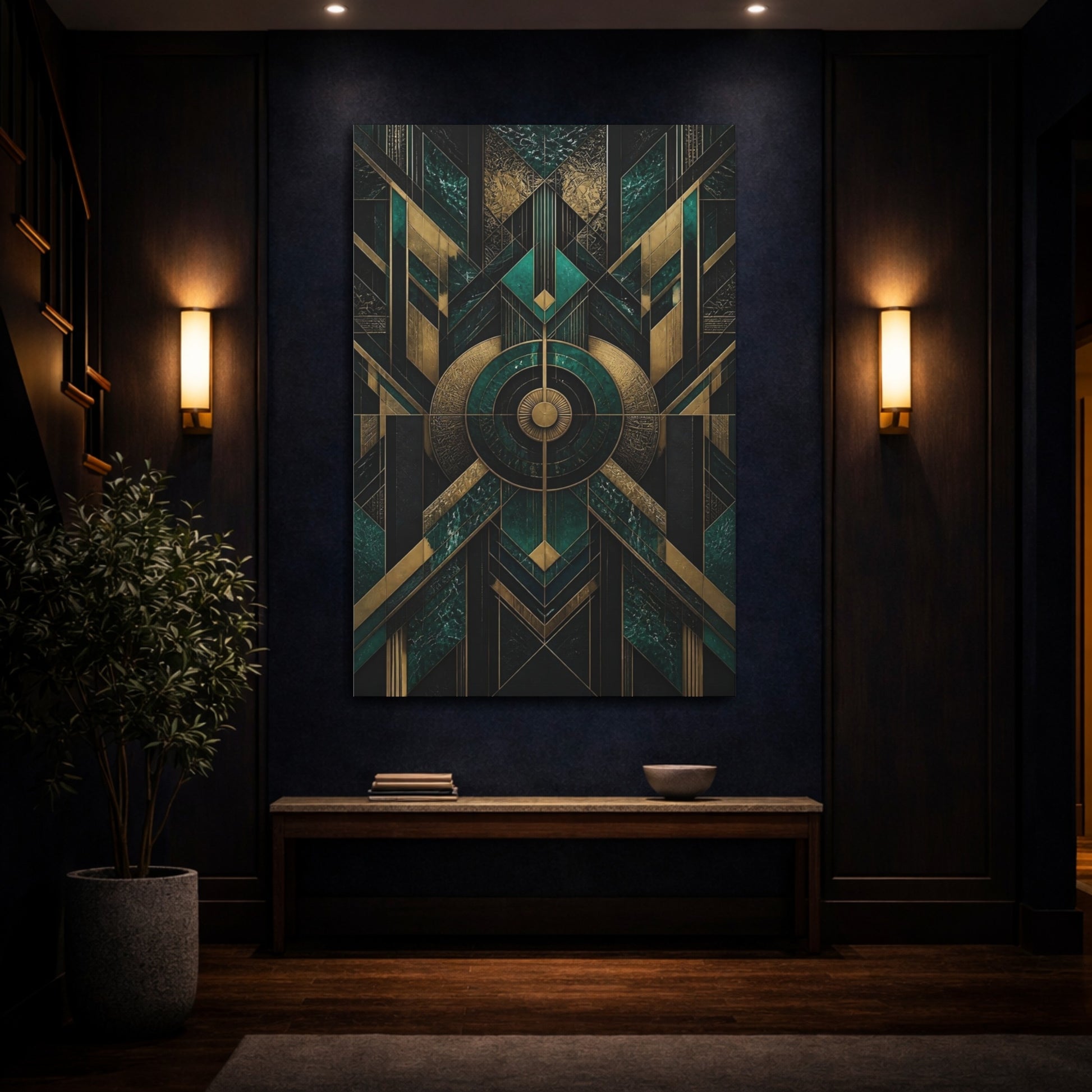 Mockup 4. Abstract Geometric Patterns Emerald Green And Gold shown as stretched canvas wall art