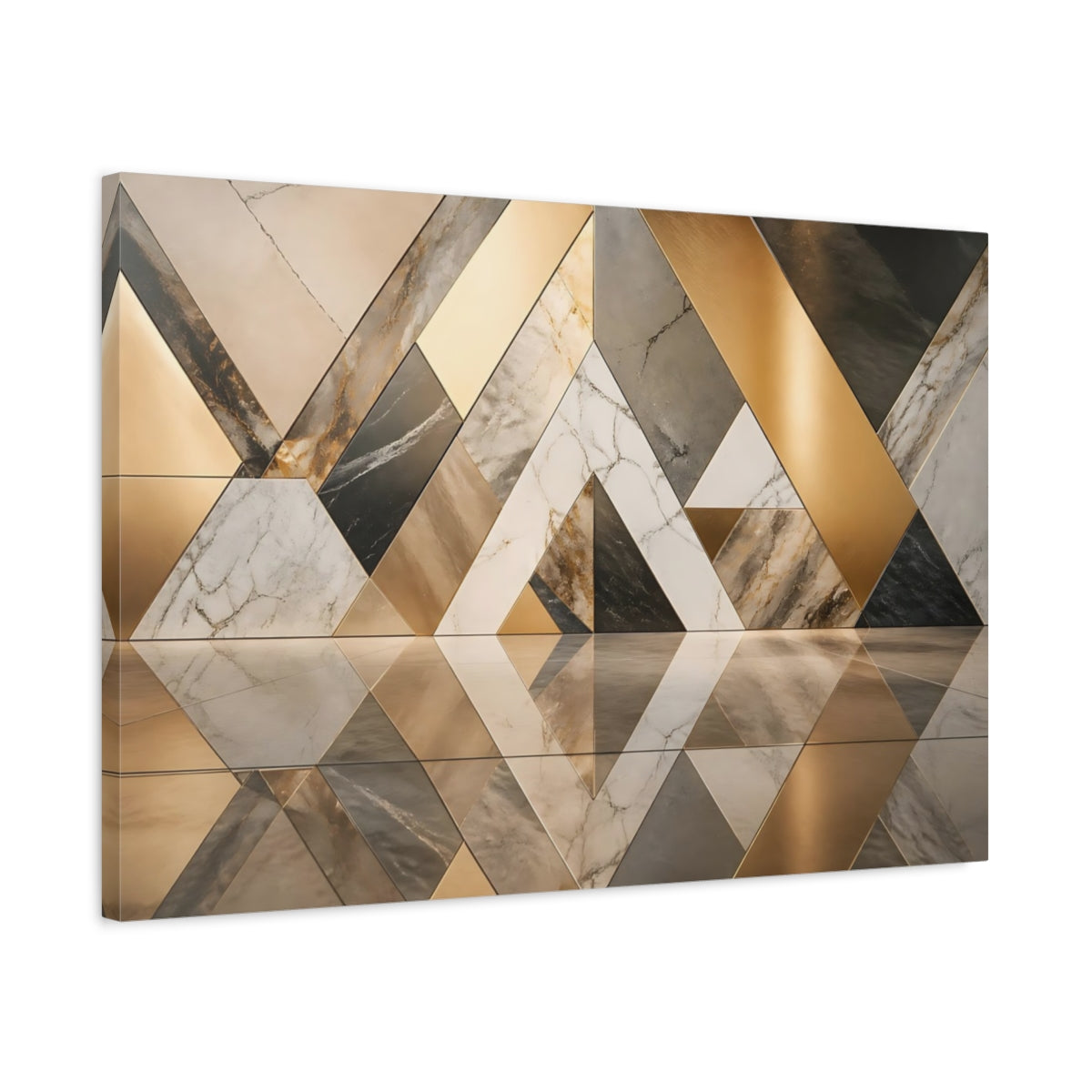 Side Mockup 2. Abstract Geometric Patterns Gold And Gray shown as stretched canvas wall art