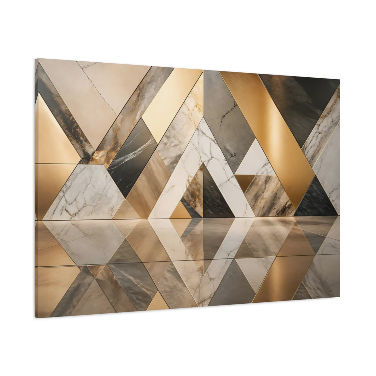Side Mockup 1. Abstract Geometric Patterns Gold And Gray shown as stretched canvas wall art
