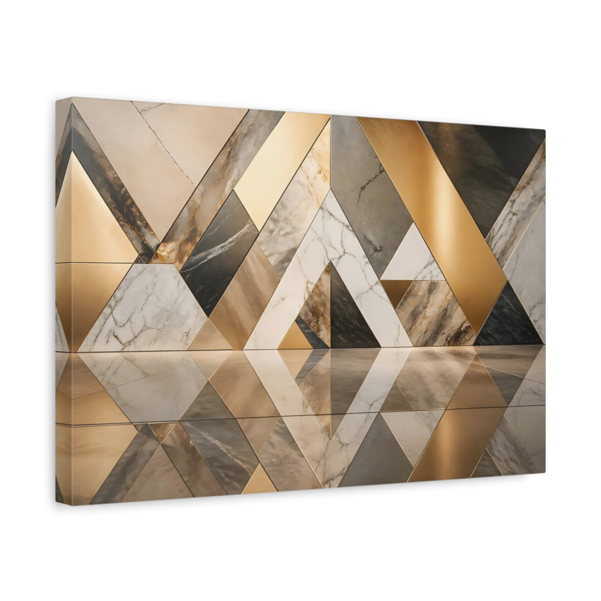 Side Mockup 4. Abstract Geometric Patterns Gold And Gray shown as stretched canvas wall art