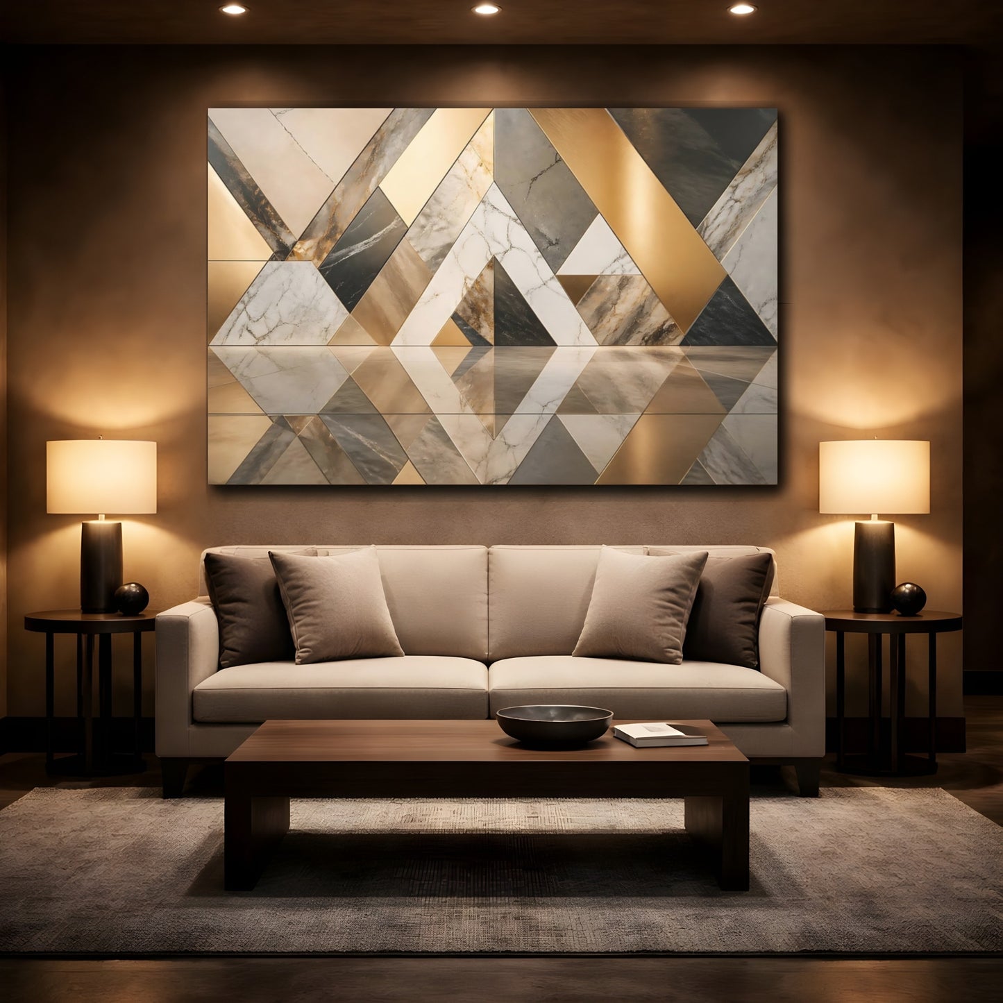 Mockup 2. Abstract Geometric Patterns Gold And Gray shown as stretched canvas wall art