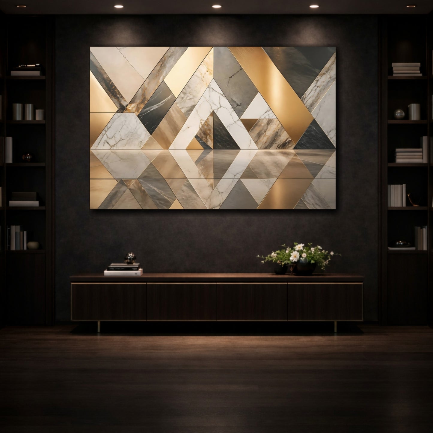 Mockup 3. Abstract Geometric Patterns Gold And Gray shown as stretched canvas wall art