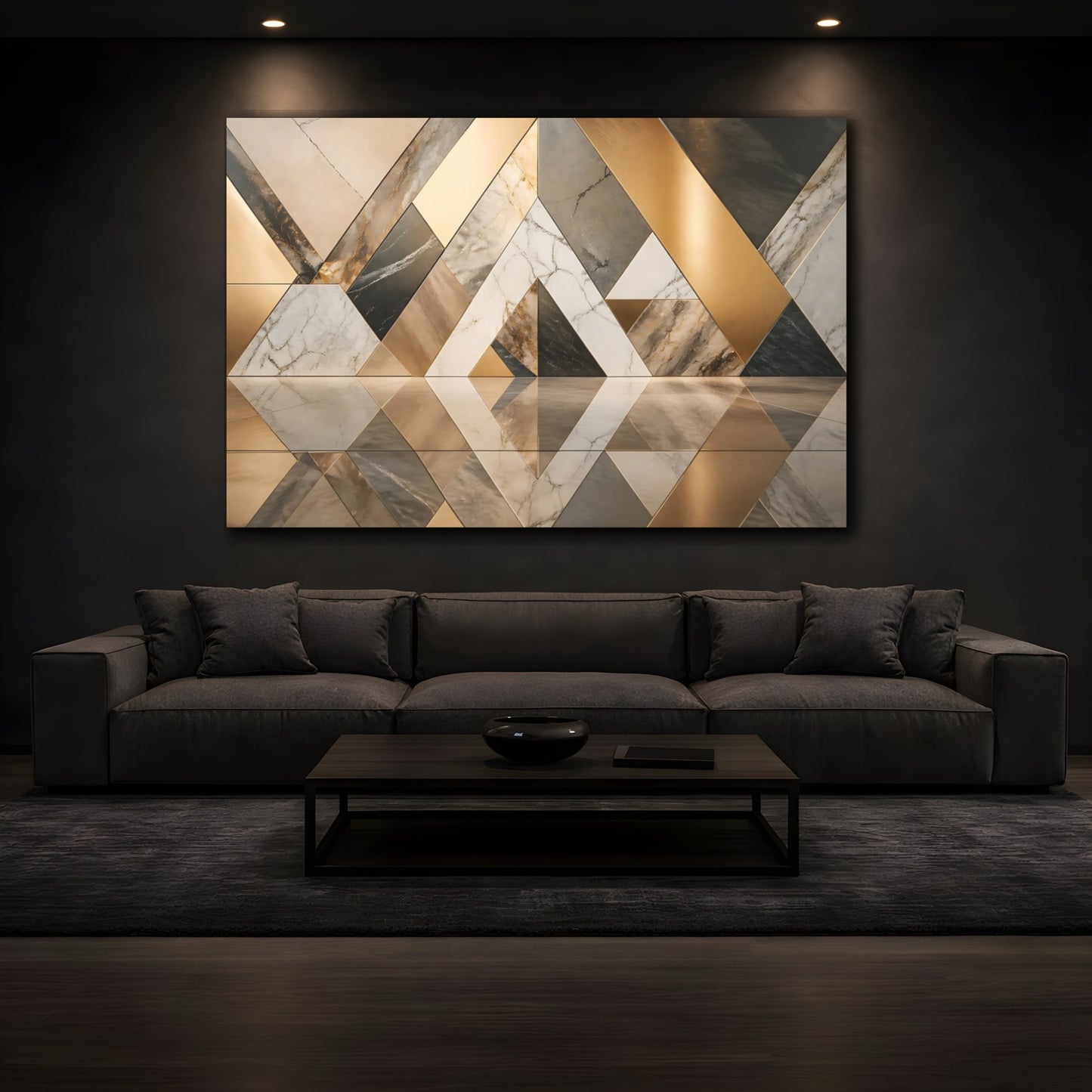 Mockup 4. Abstract Geometric Patterns Gold And Gray shown as stretched canvas wall art