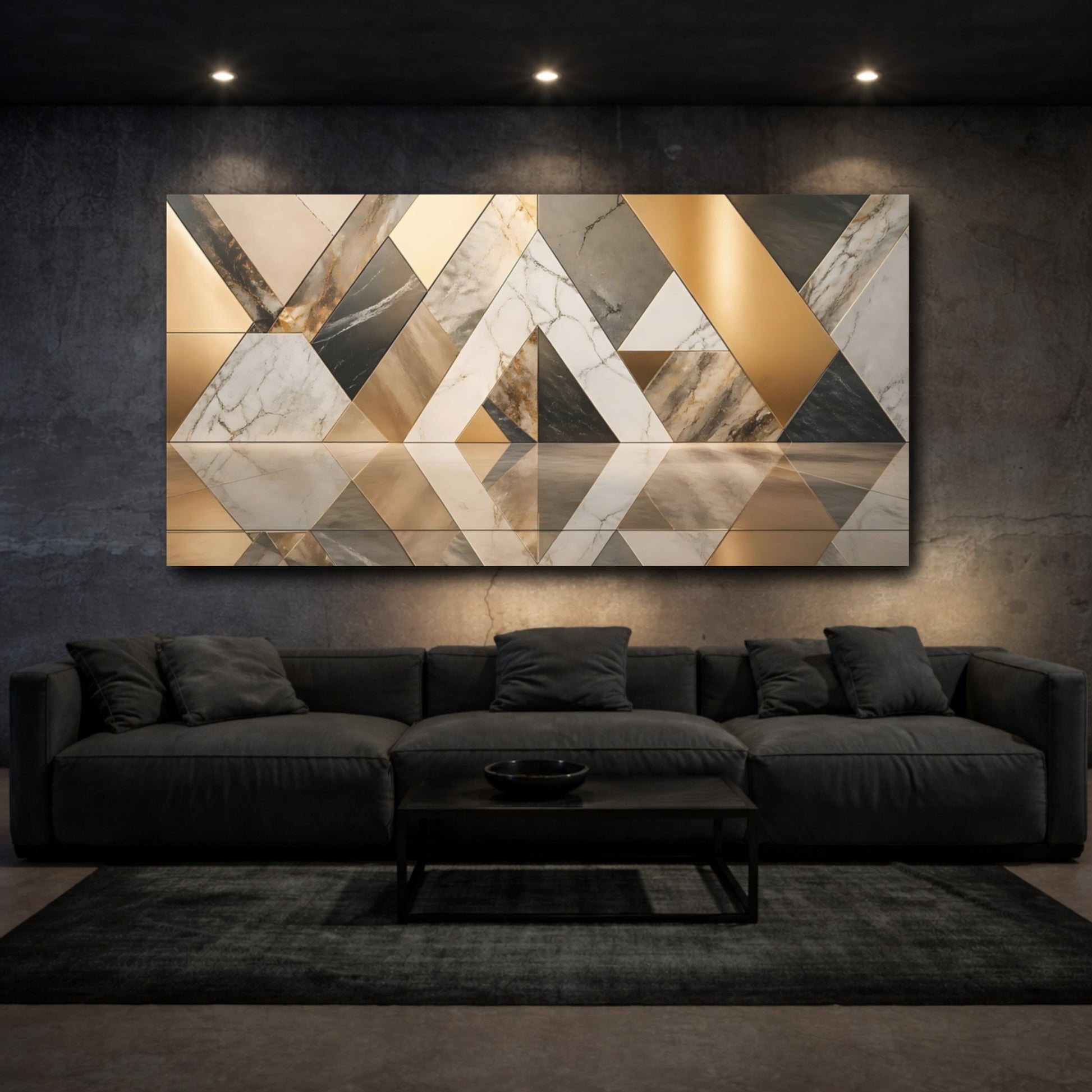 Mockup 2. Abstract Geometric Patterns Gold And Marble shown as stretched canvas wall art