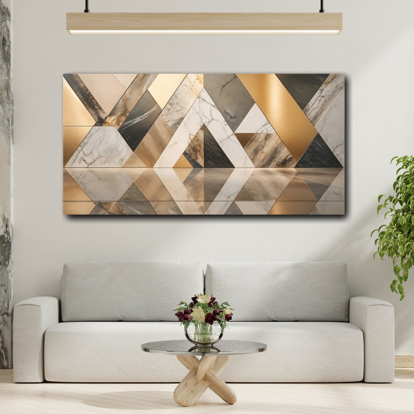 Mockup 3. Abstract Geometric Patterns Gold And Marble shown as stretched canvas wall art