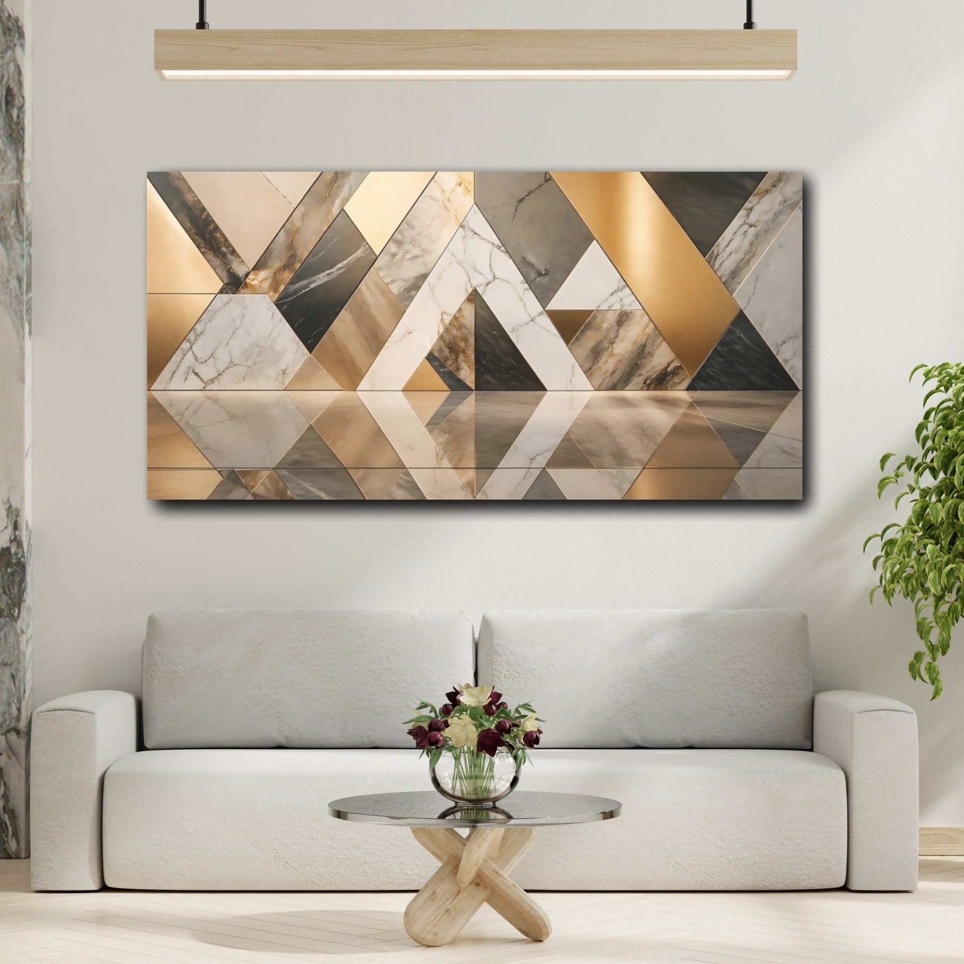 Mockup 3. Abstract Geometric Patterns Gold And Marble shown as stretched canvas wall art