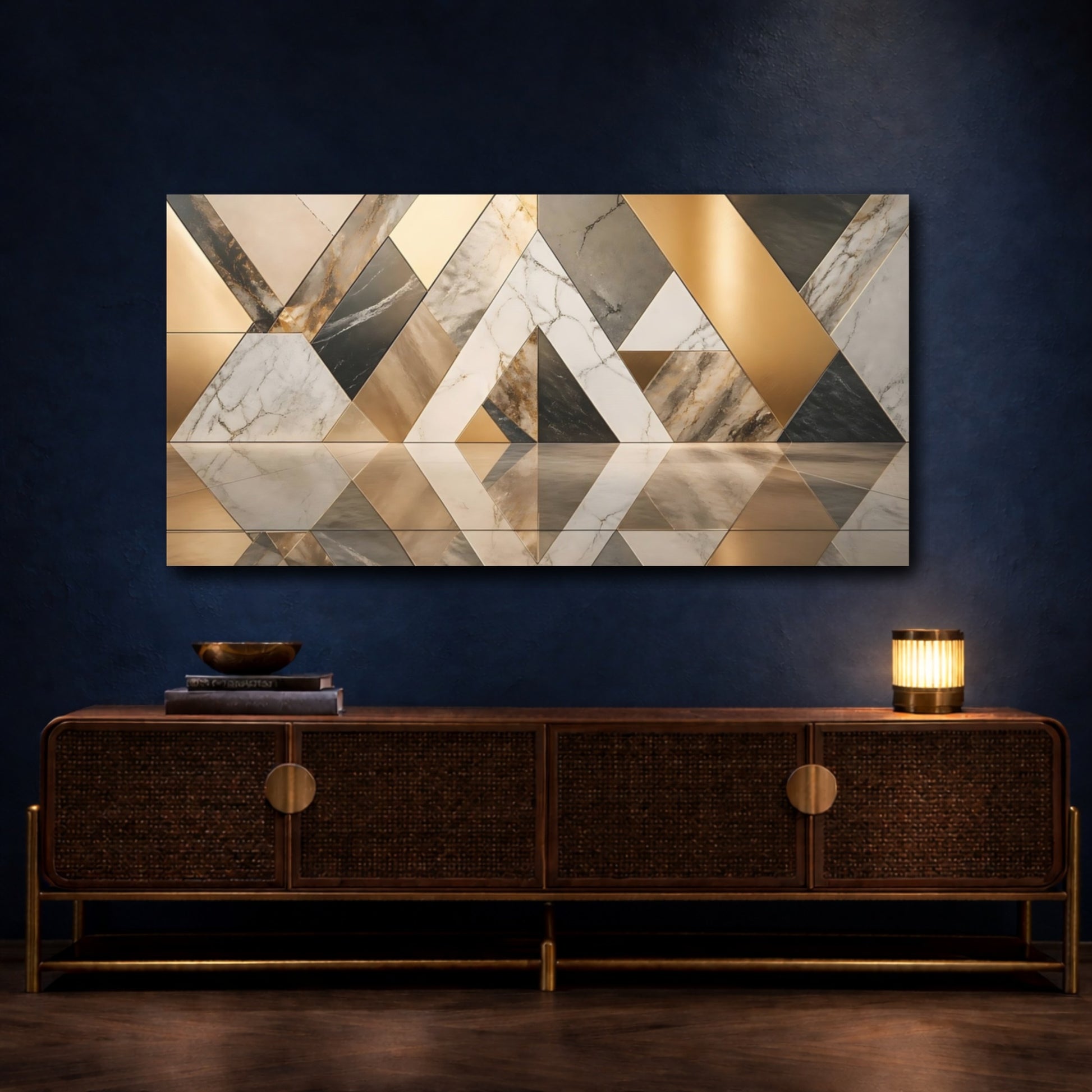 Mockup 4. Abstract Geometric Patterns Gold And Marble shown as stretched canvas wall art