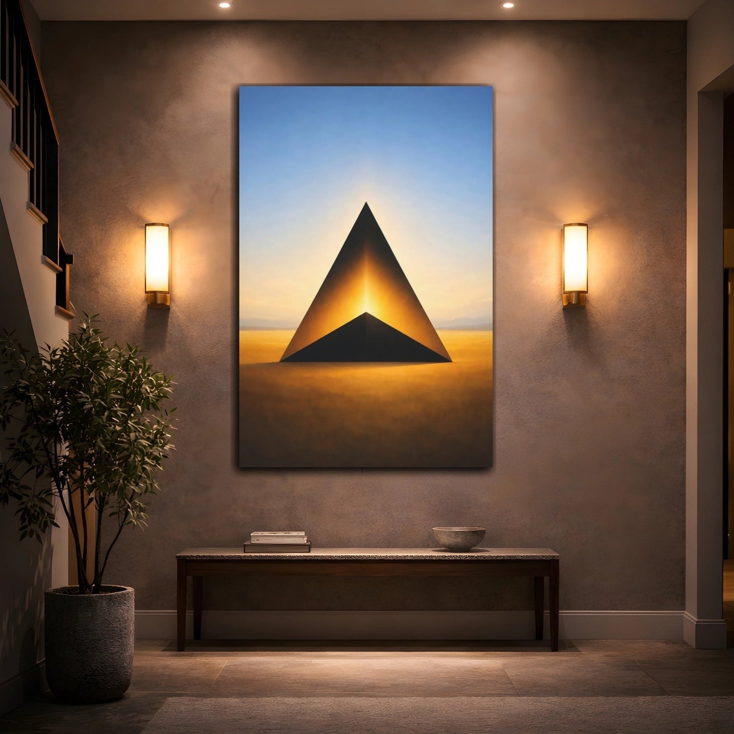 Abstract Geometric Pyramid Gold And Blue - Canvas Wall Art Print - YesArtYes