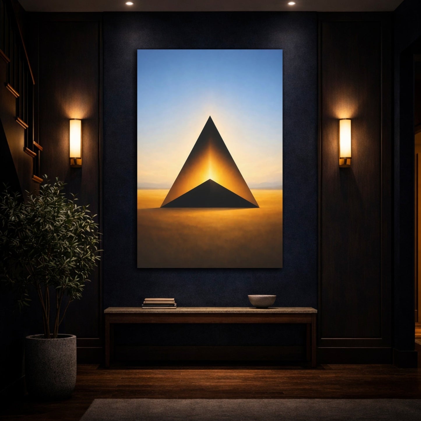 Abstract Geometric Pyramid Gold And Blue - Canvas Wall Art Print - YesArtYes