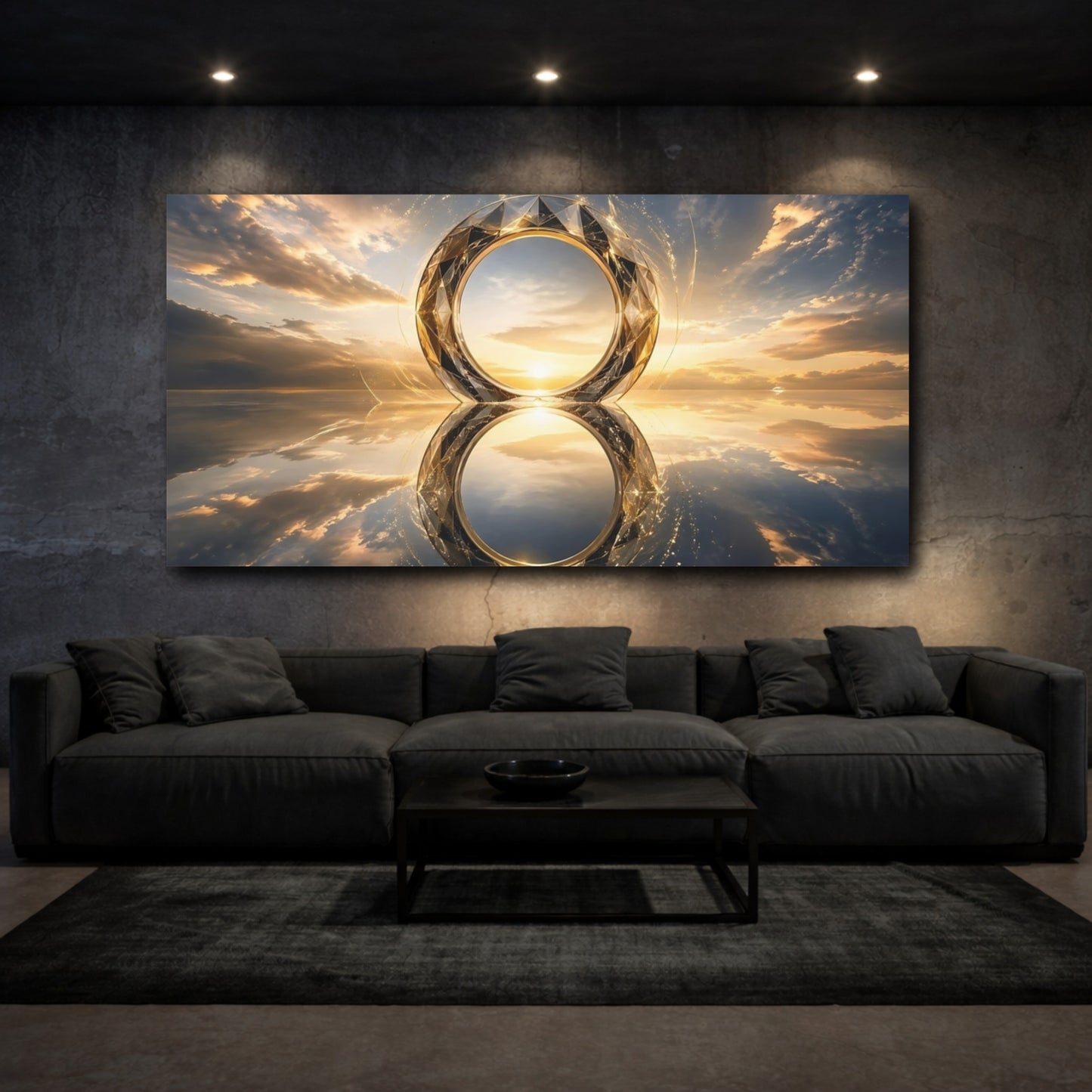 Mockup 2. Abstract Geometric Ring Gold Blue Abstract shown as stretched canvas wall art