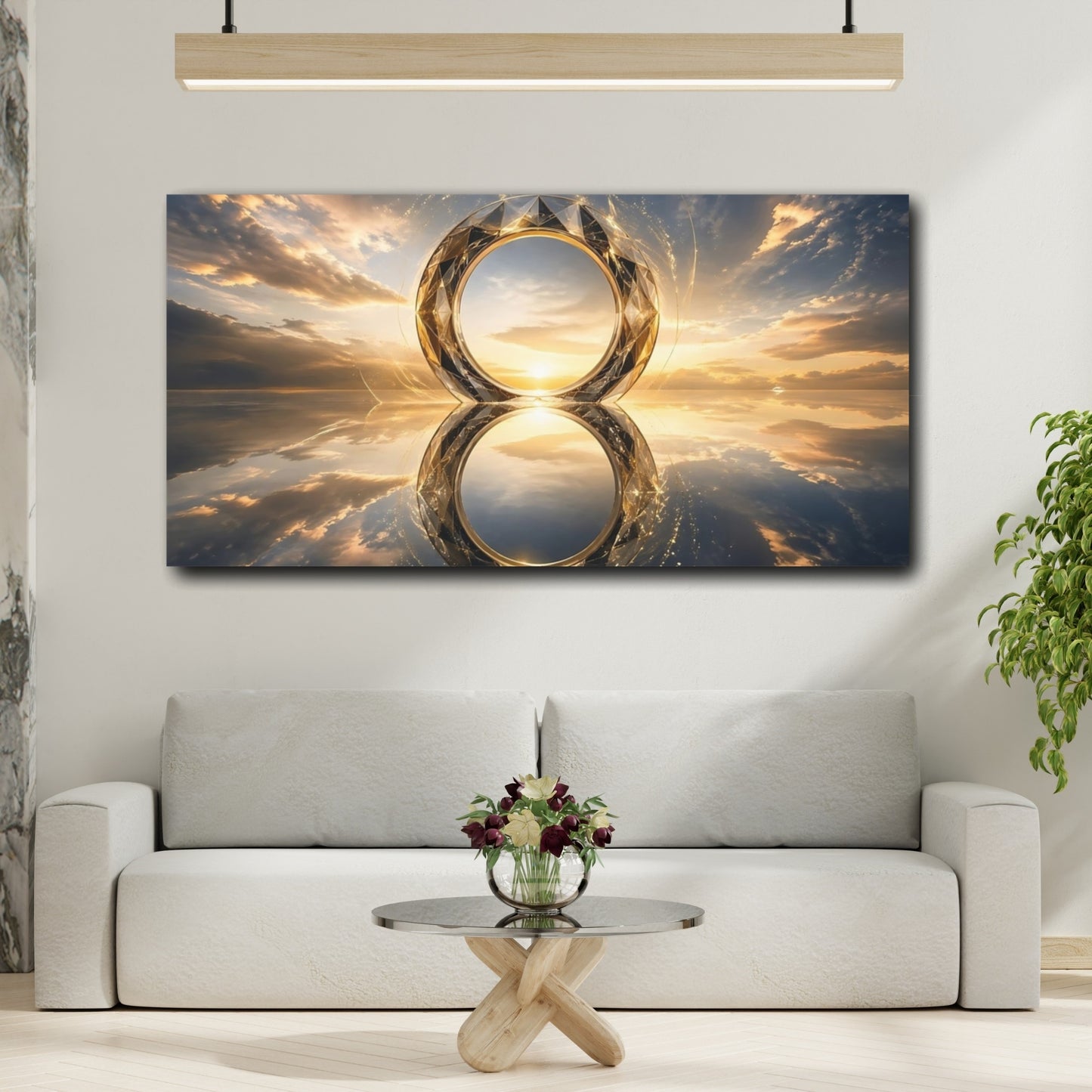 Mockup 3. Abstract Geometric Ring Gold Blue Abstract shown as stretched canvas wall art