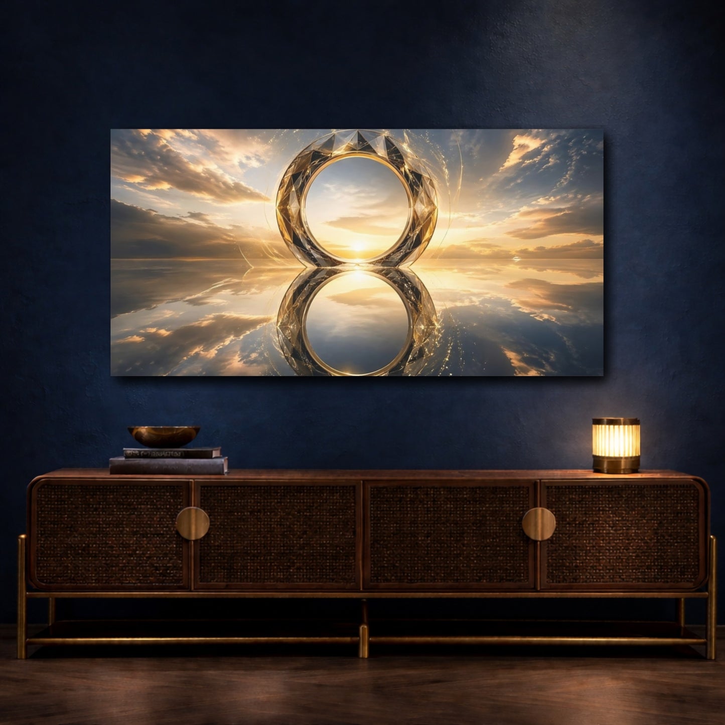 Mockup 4. Abstract Geometric Ring Gold Blue Abstract shown as stretched canvas wall art