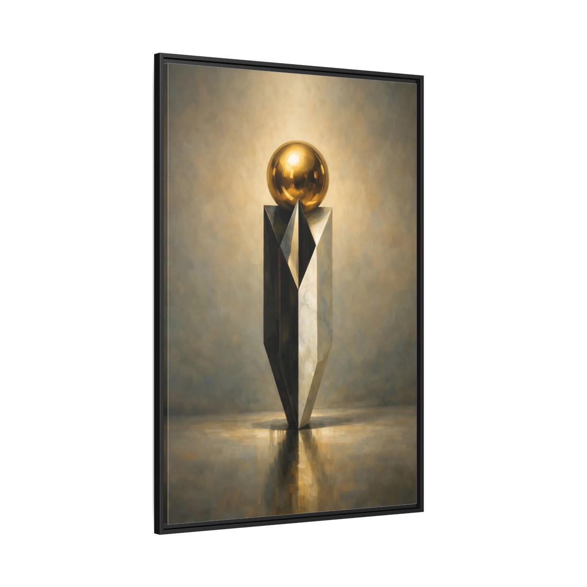 Main Mockup. Abstract Geometric Sculpture Gold And Gray shown as stretched canvas wall art
