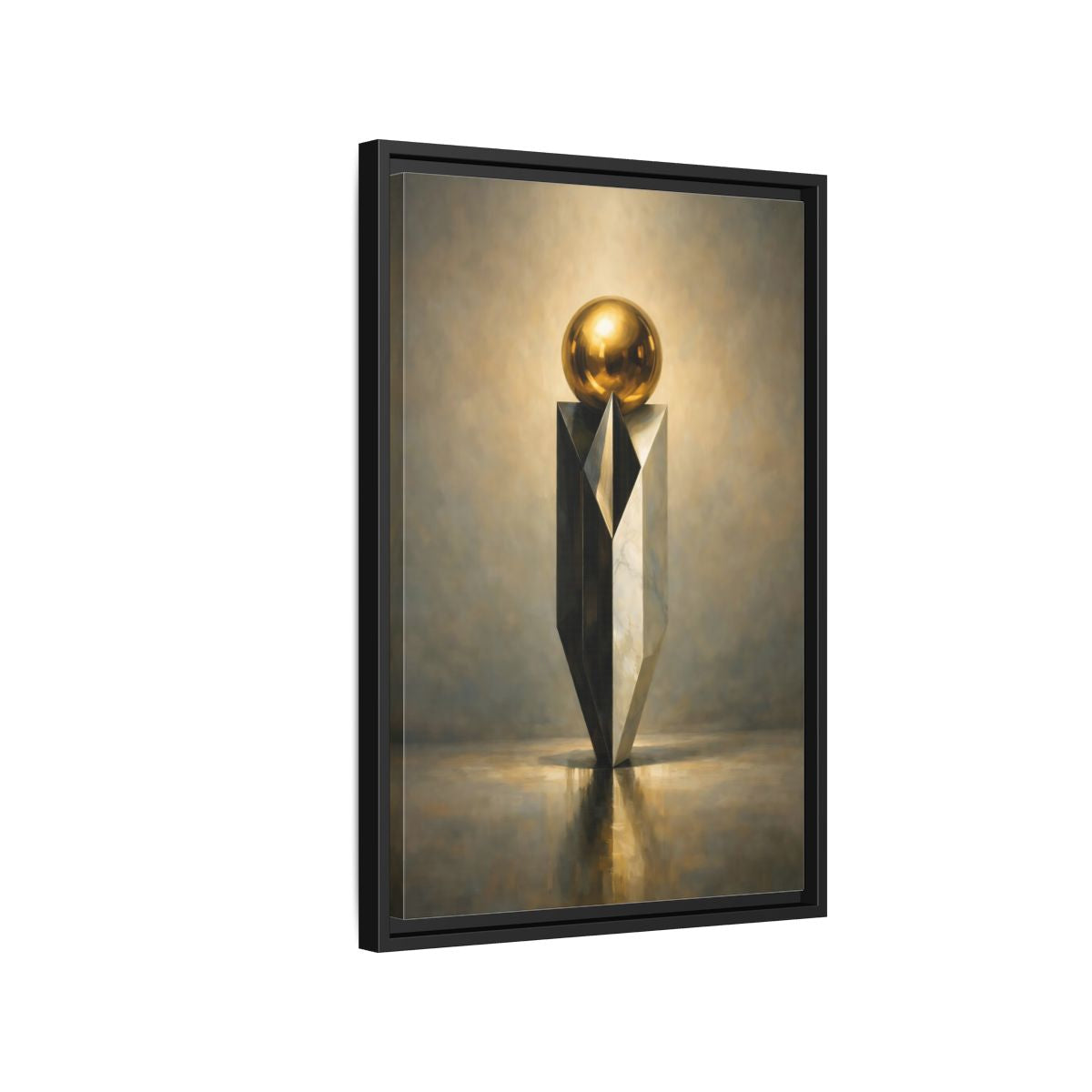 Side Mockup 3. Abstract Geometric Sculpture Gold And Gray shown as stretched canvas wall art