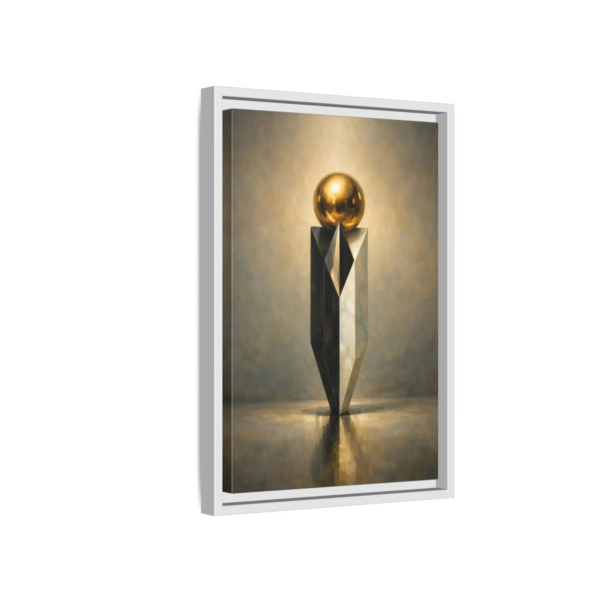 Side Mockup 4. Abstract Geometric Sculpture Gold And Gray shown as stretched canvas wall art