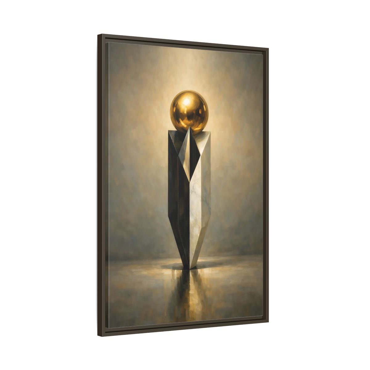 Side Mockup 10. Abstract Geometric Sculpture Gold And Gray shown as stretched canvas wall art
