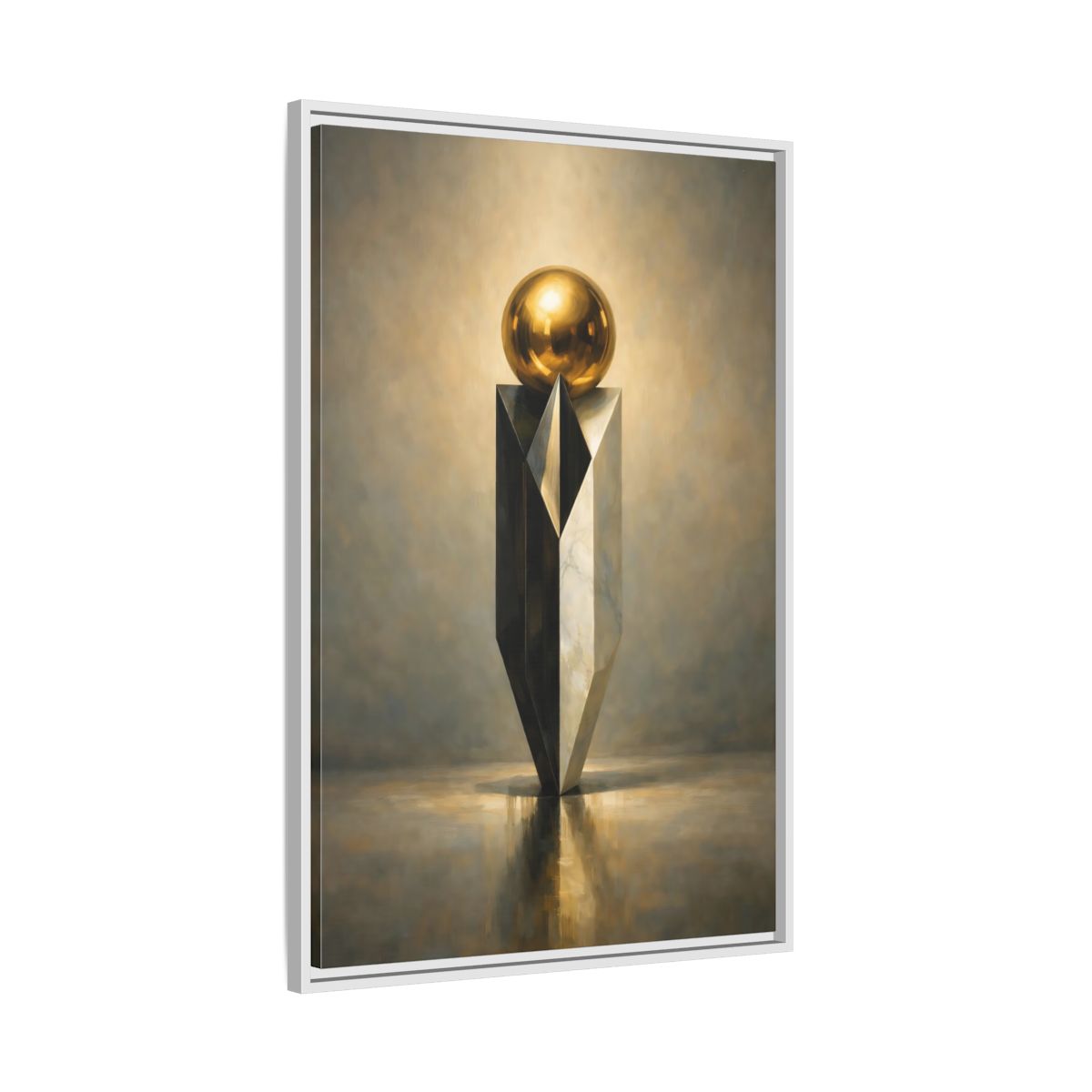 Side Mockup 9. Abstract Geometric Sculpture Gold And Gray shown as stretched canvas wall art