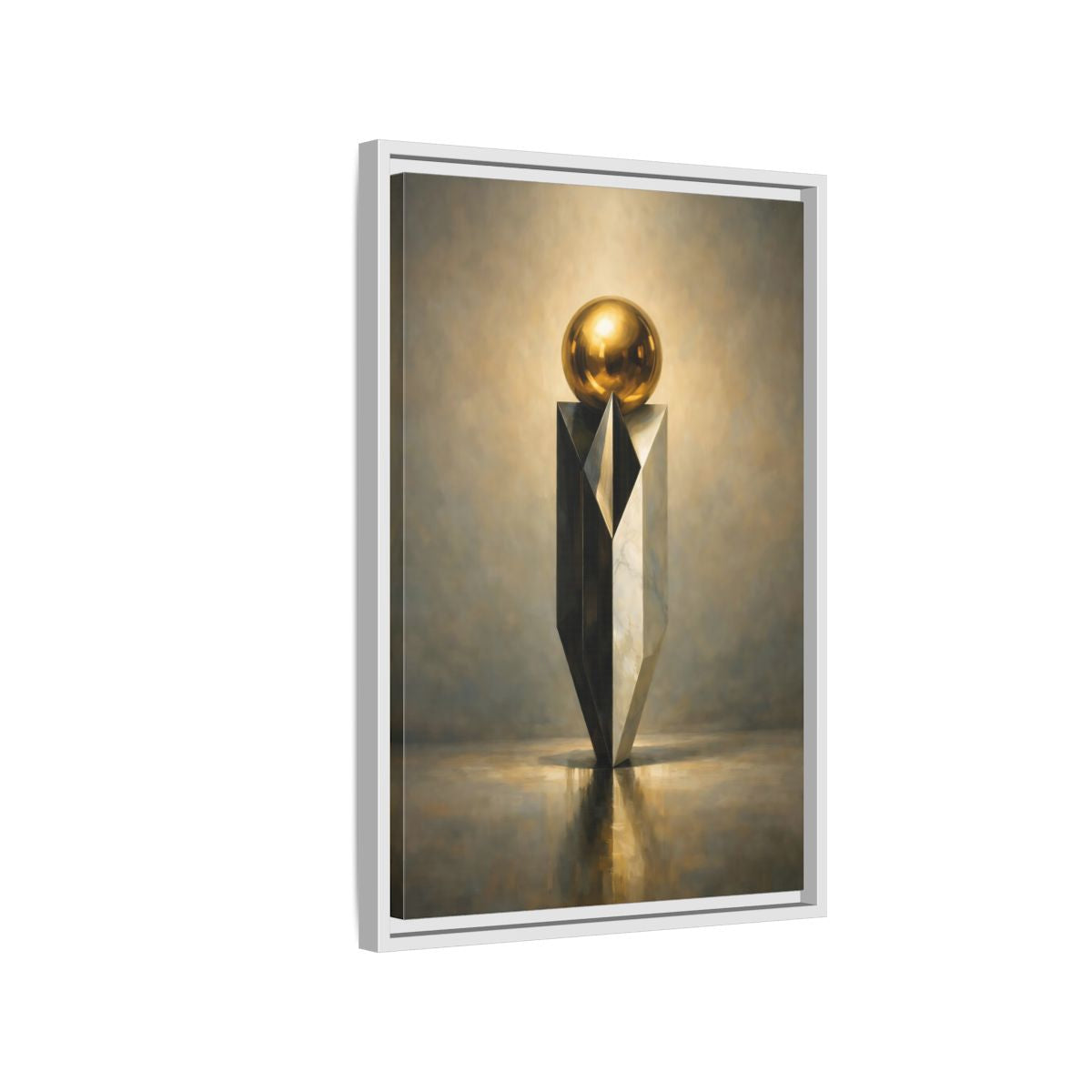 Side Mockup 1. Abstract Geometric Sculpture Gold And Gray shown as stretched canvas wall art