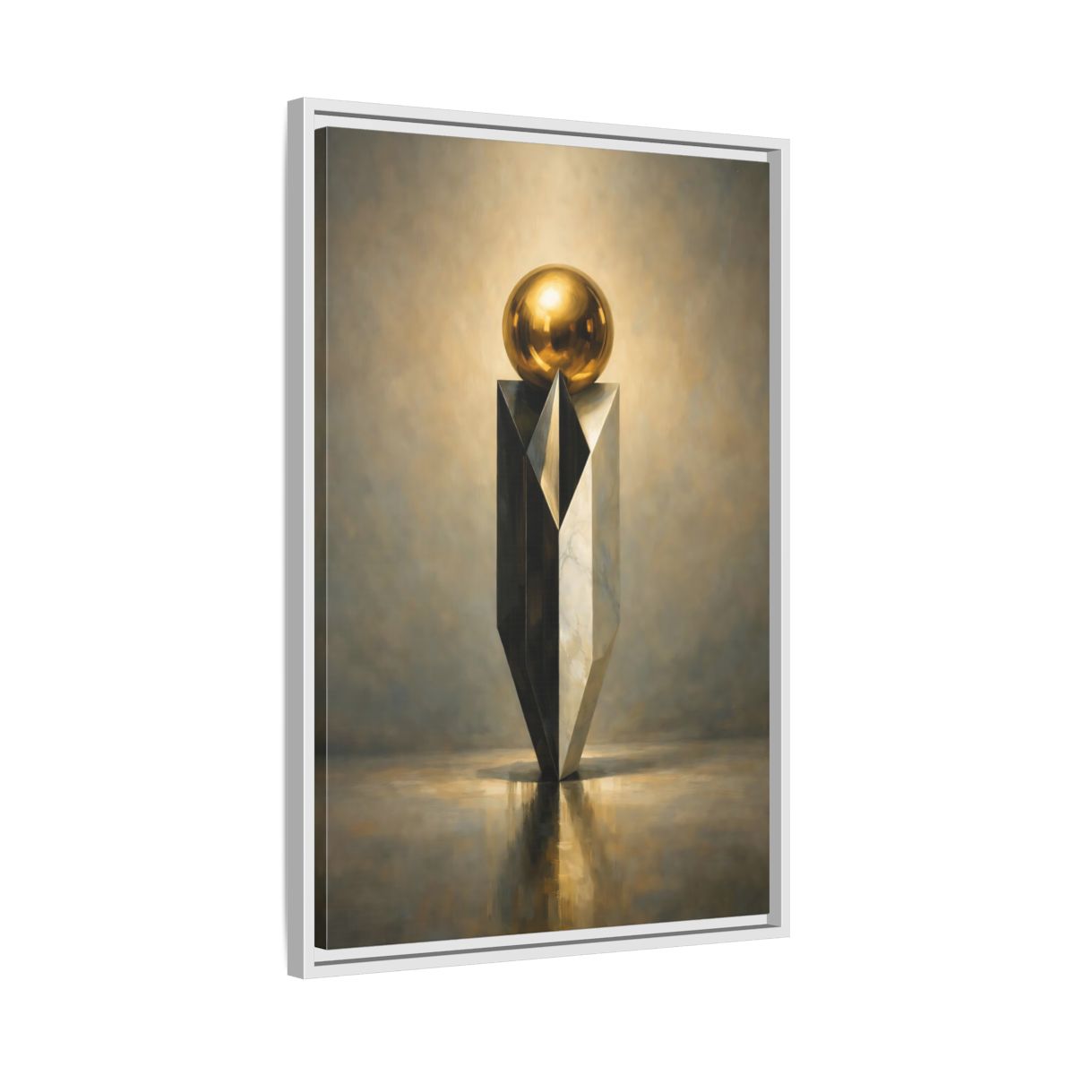 Side Mockup 11. Abstract Geometric Sculpture Gold And Gray shown as stretched canvas wall art