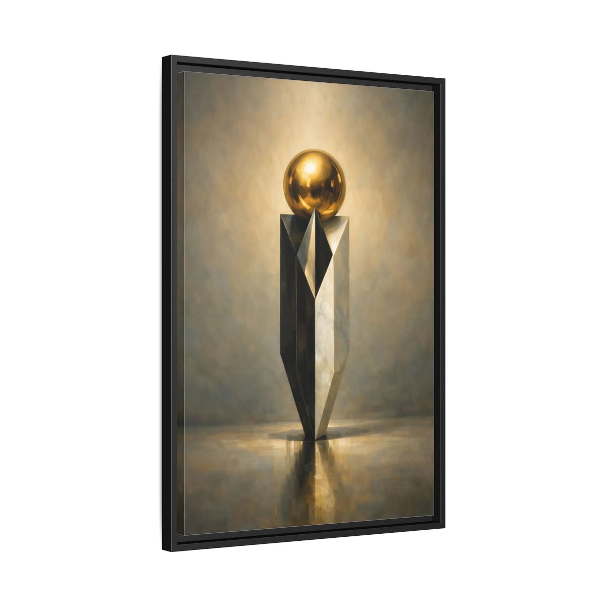Side Mockup 14. Abstract Geometric Sculpture Gold And Gray shown as stretched canvas wall art